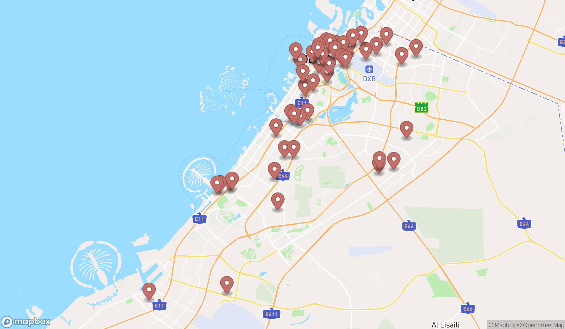 Map showing the search results in Dubai