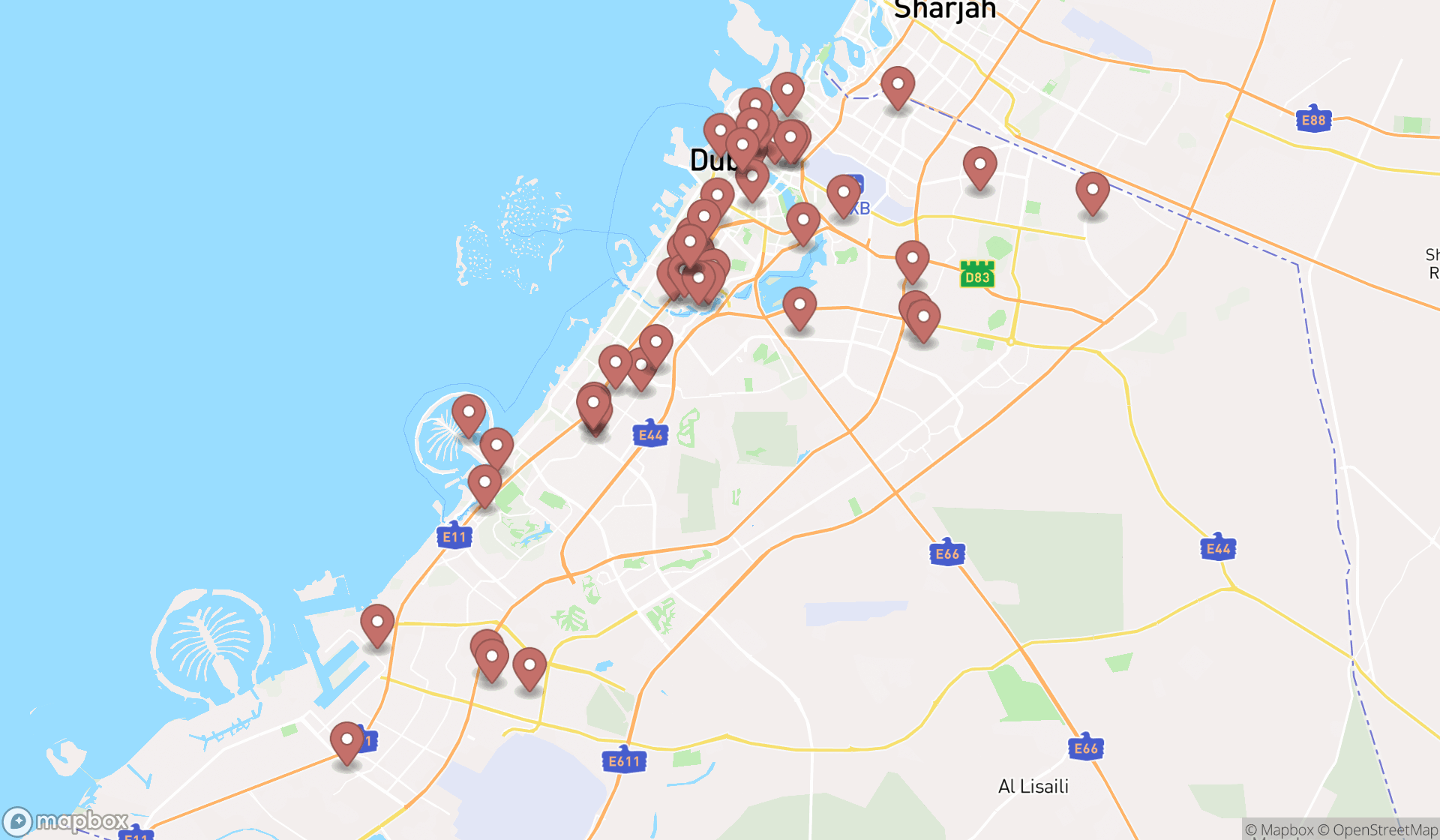 Map showing the search results in Dubai