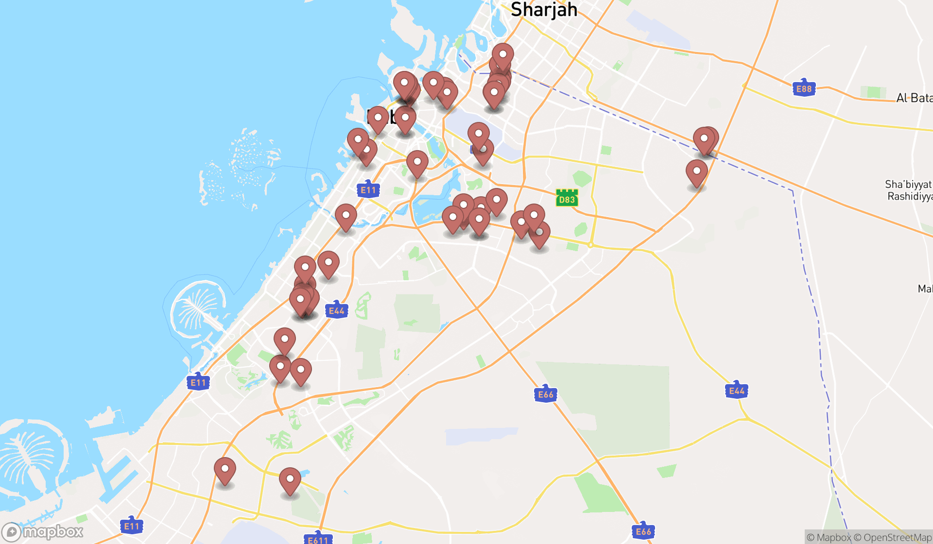 Map showing the search results in Dubai