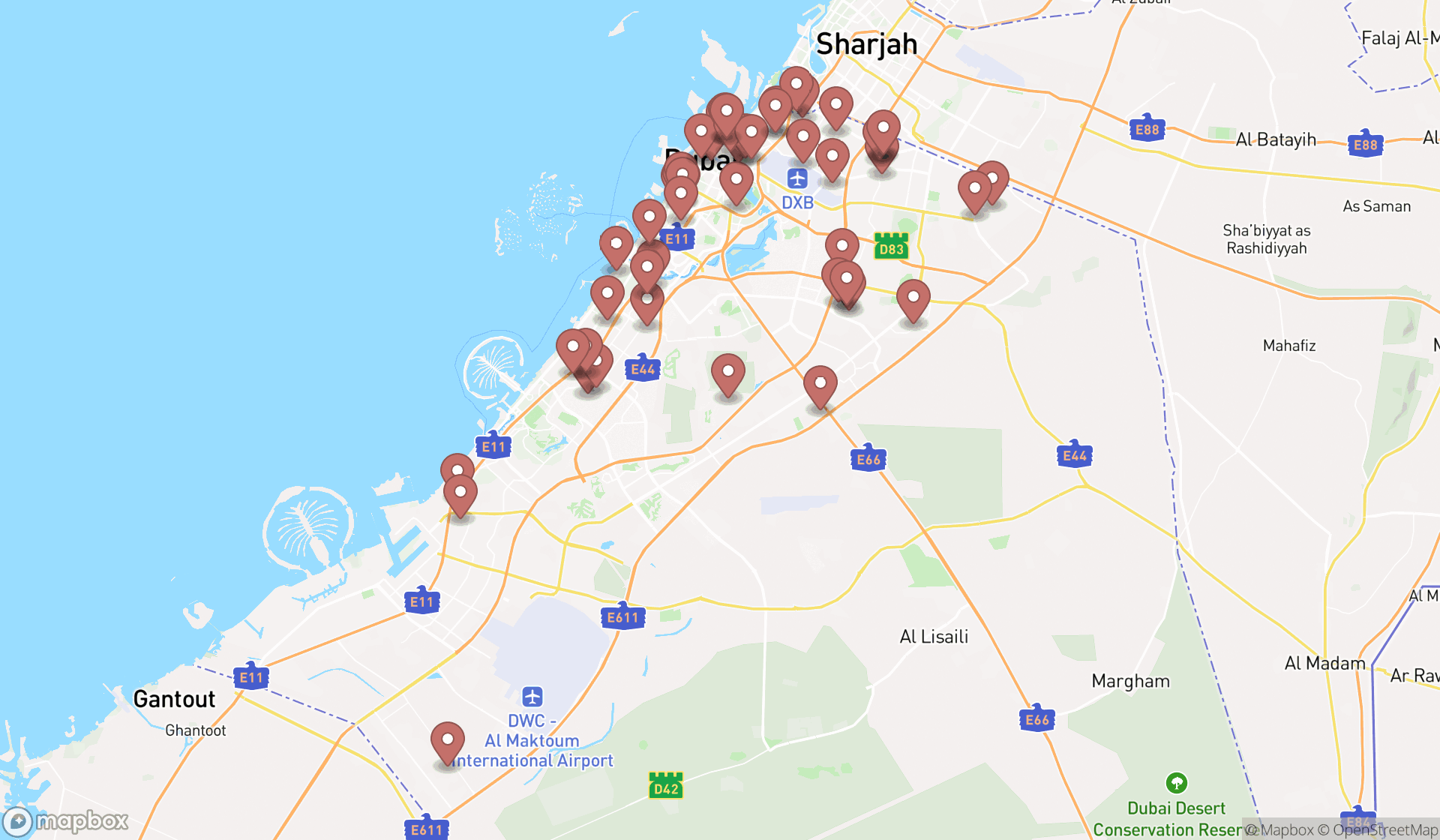 Map showing the search results in Dubai