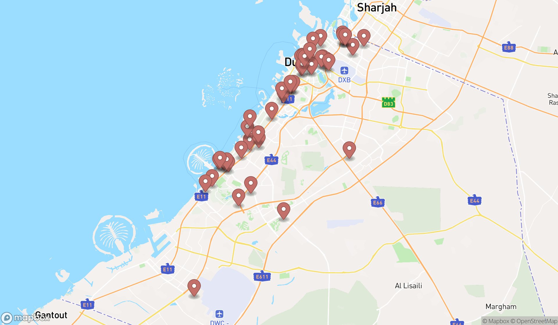 Map showing the search results in Dubai