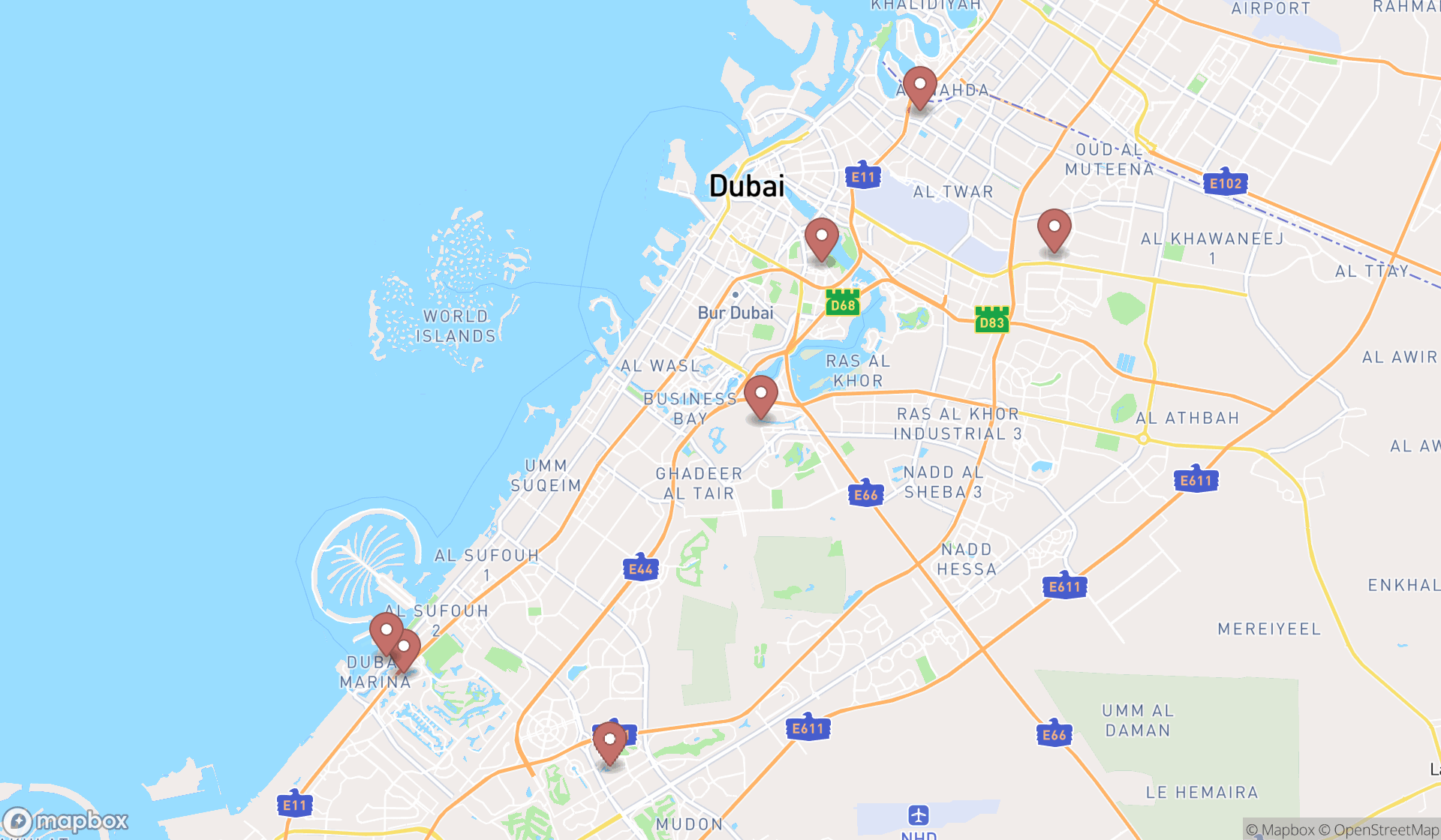 Map showing the search results in Dubai