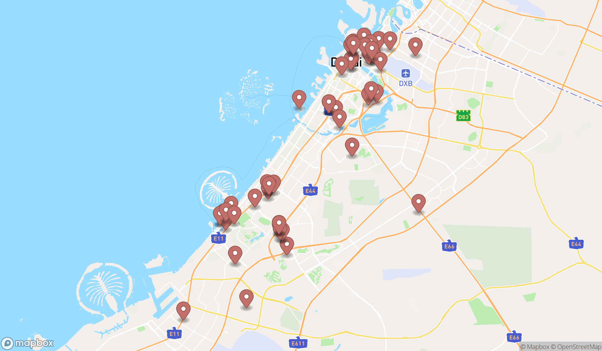 Map showing the search results in Dubai