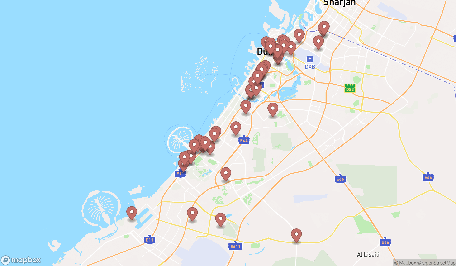 Map showing the search results in Dubai