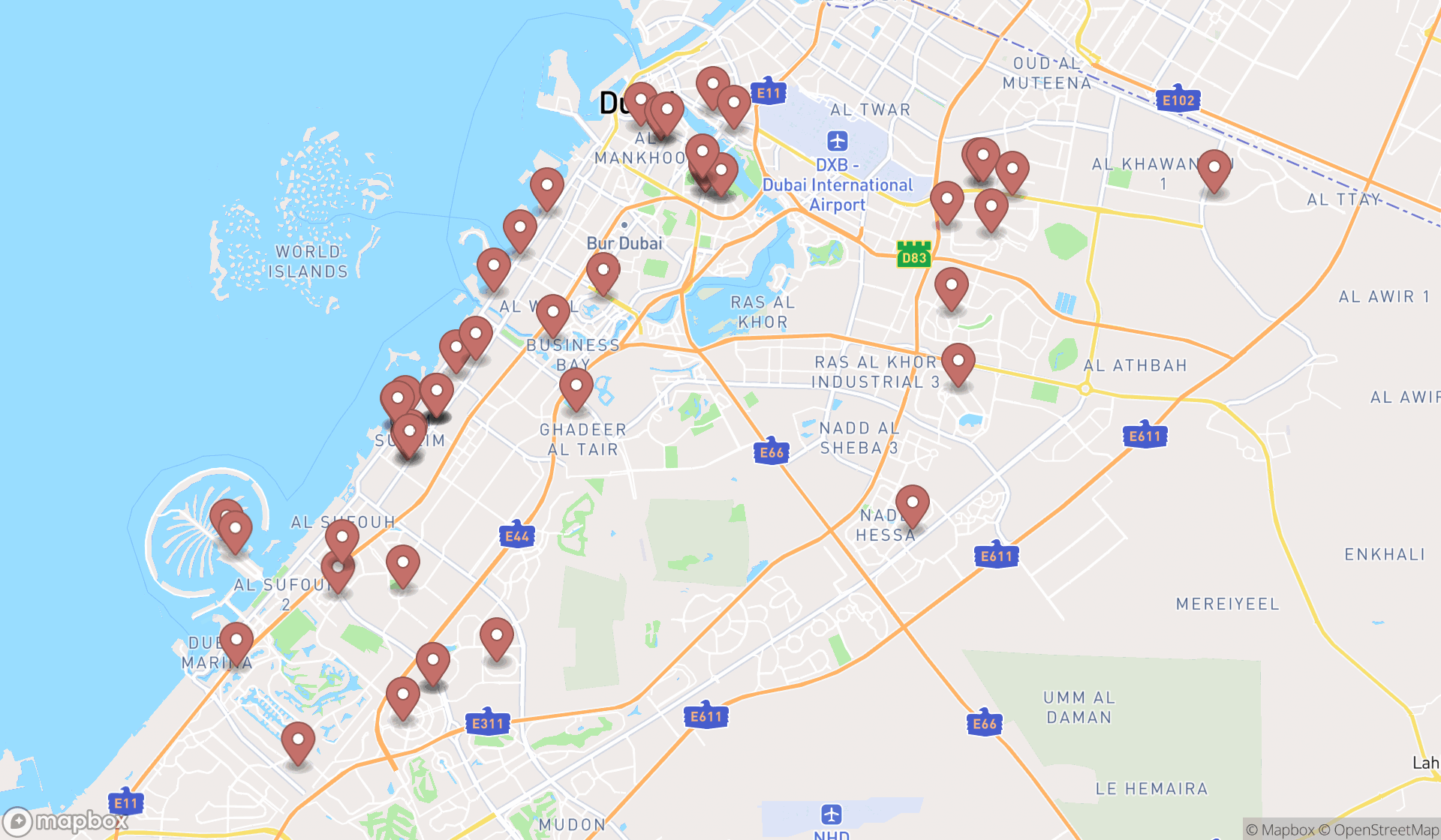 Map showing the search results in Dubai