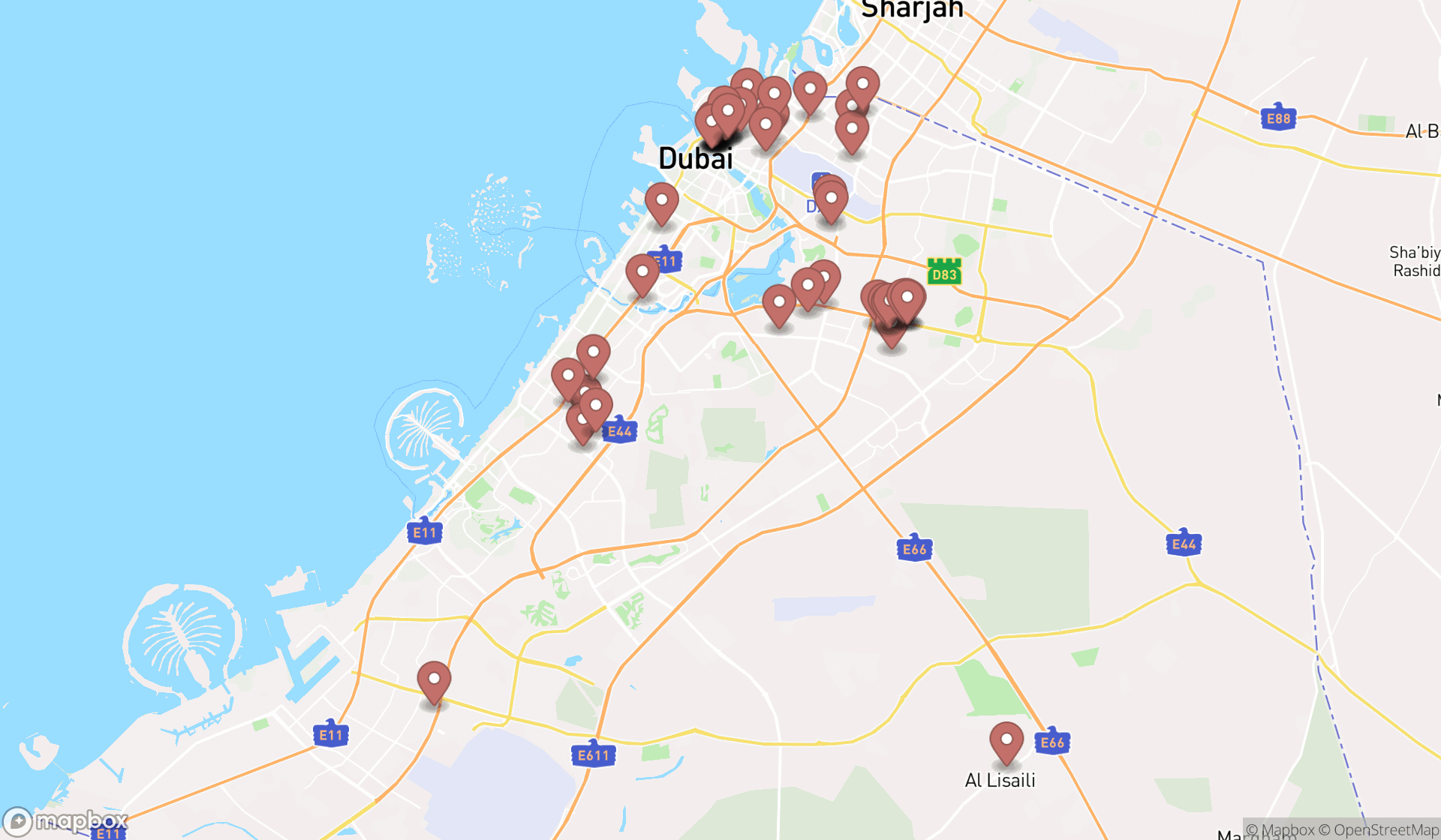 Map showing the search results in Dubai