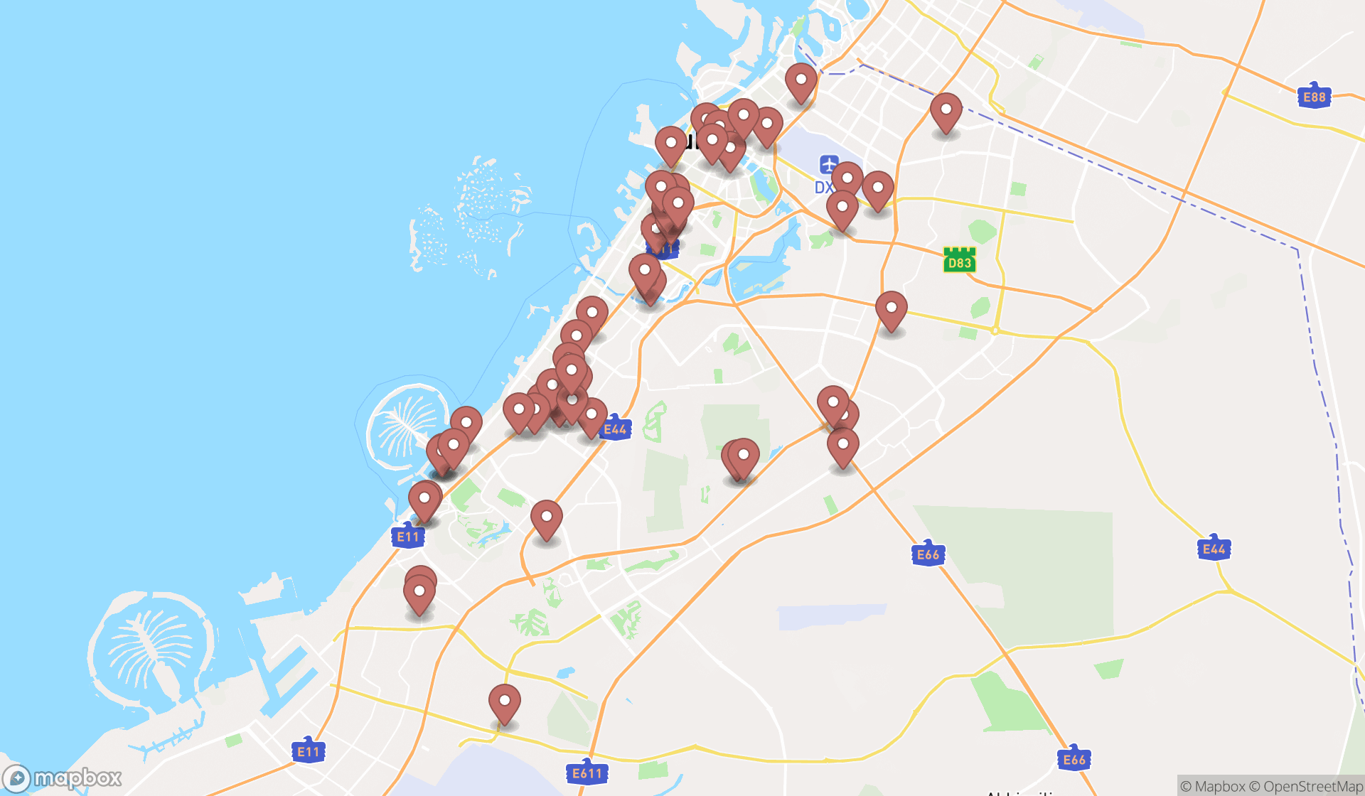 Map showing the search results in Dubai
