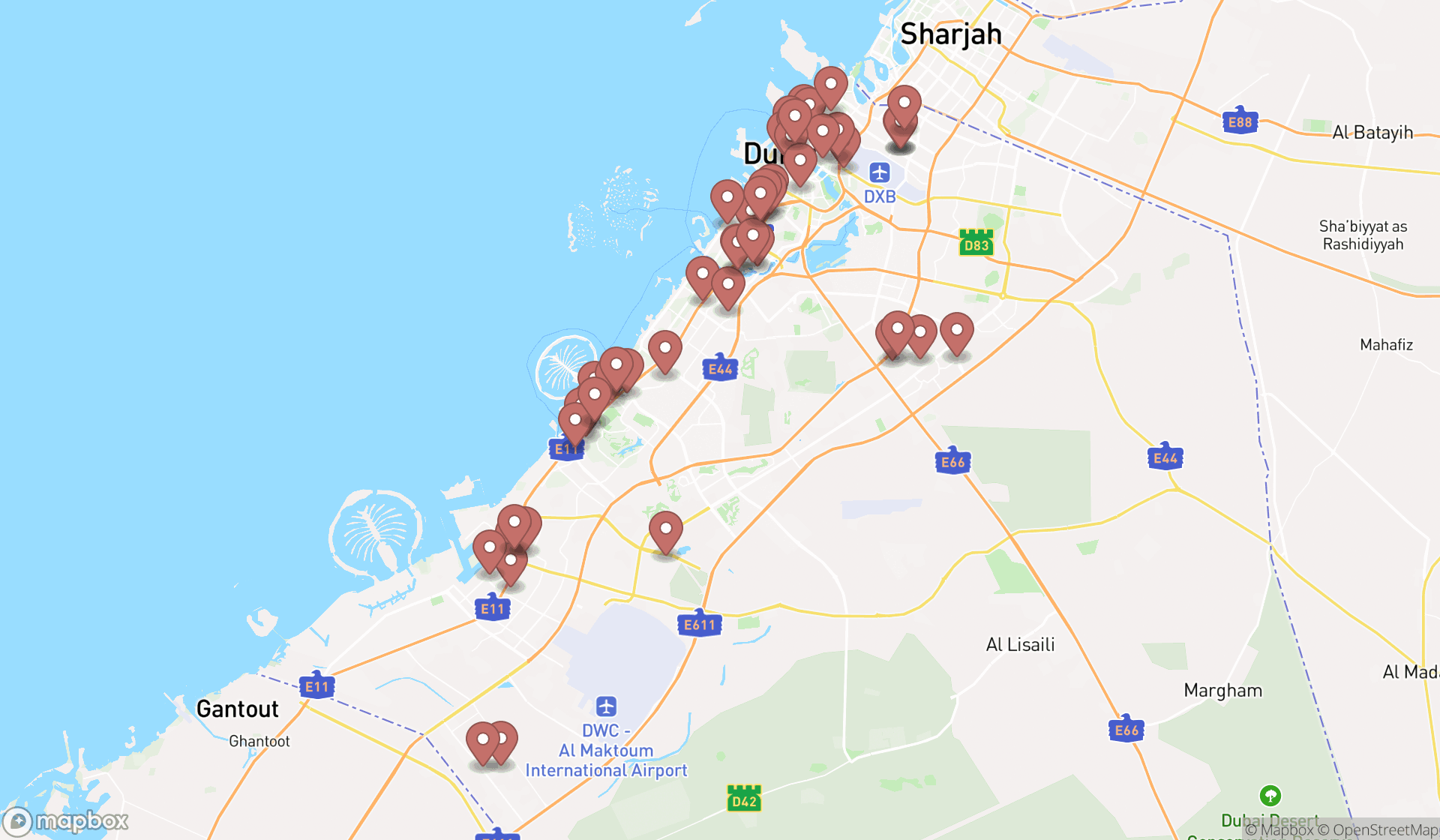Map showing the search results in Dubai