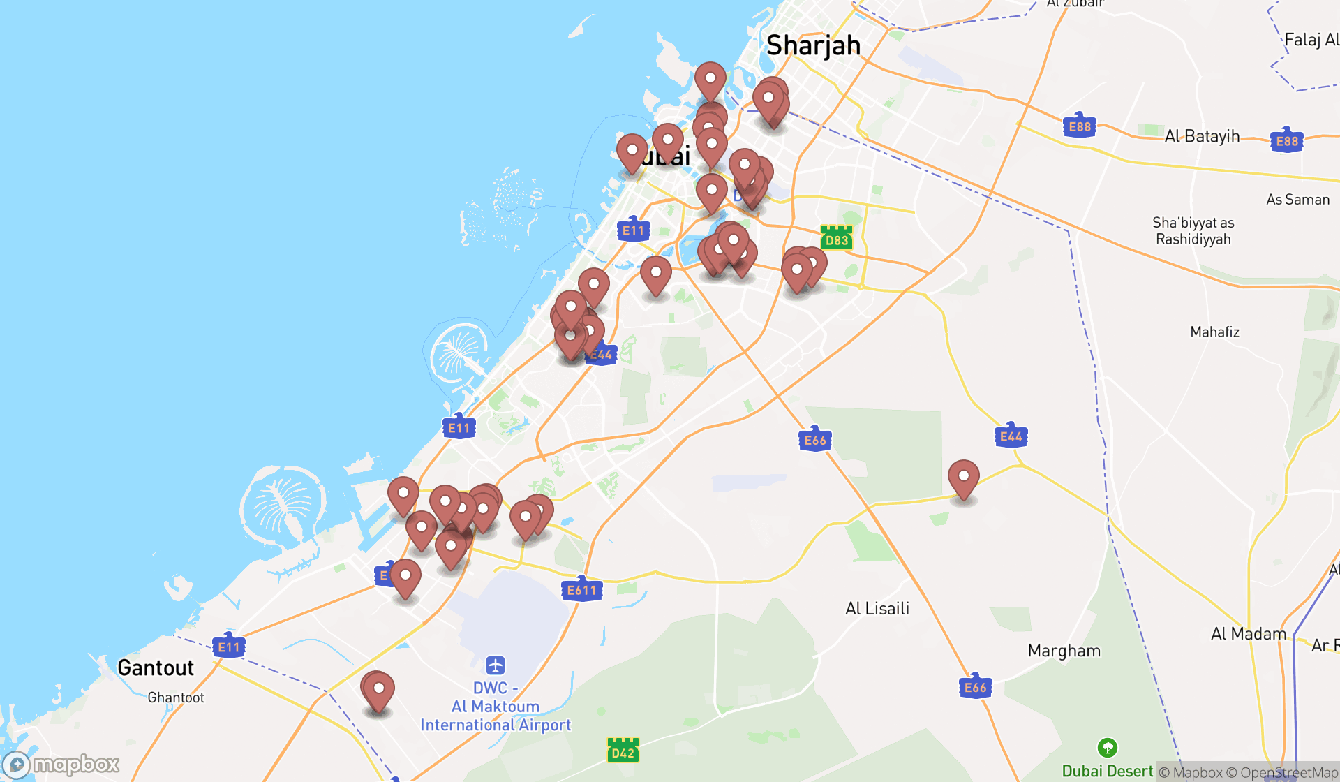 Map showing the search results in Dubai