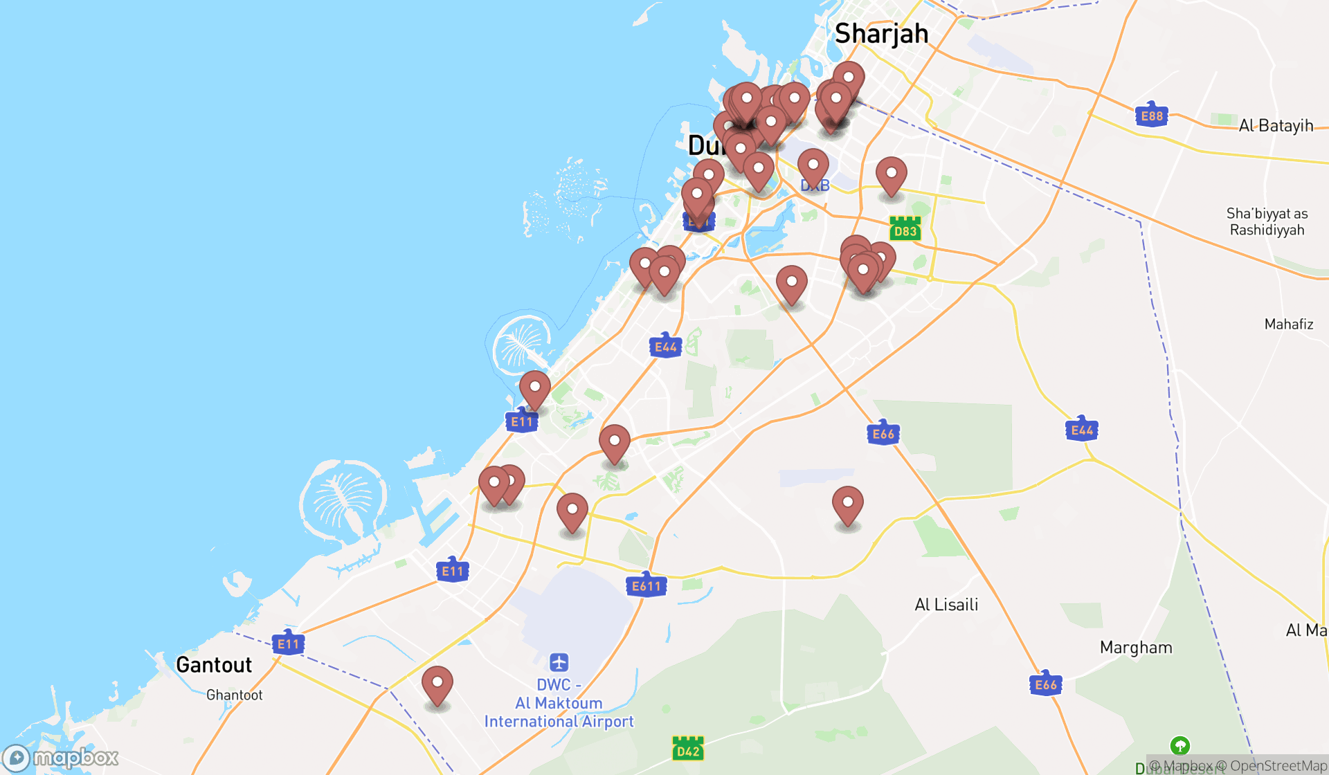 Map showing the search results in Dubai