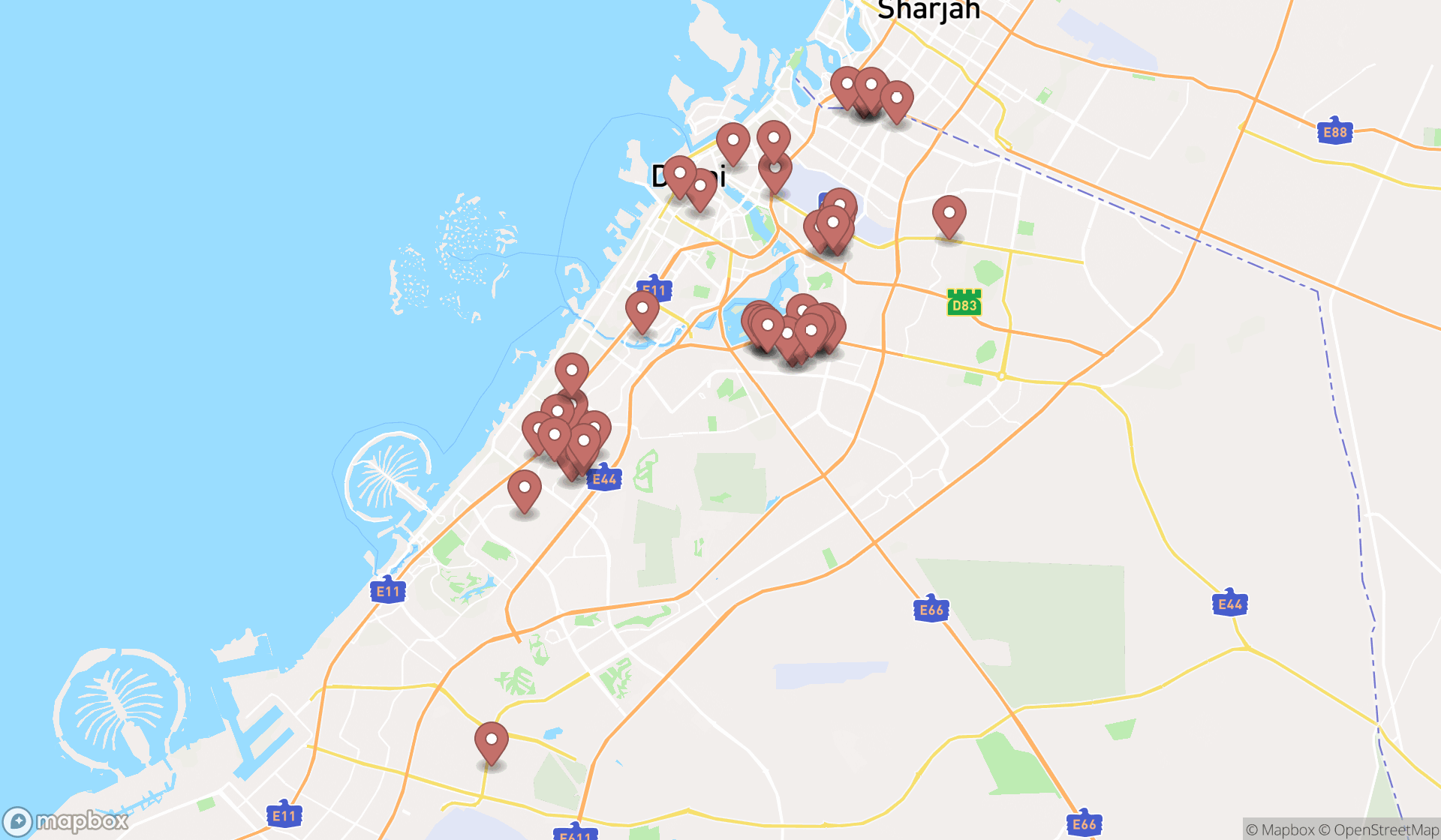 Map showing the search results in Dubai
