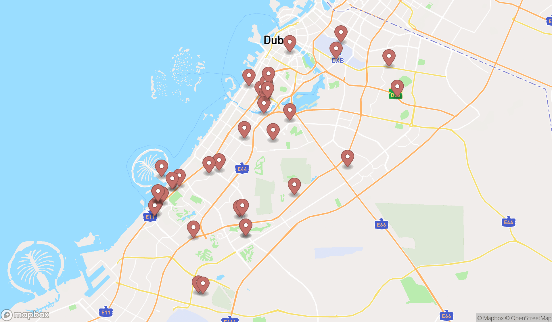 Map showing the search results in Dubai