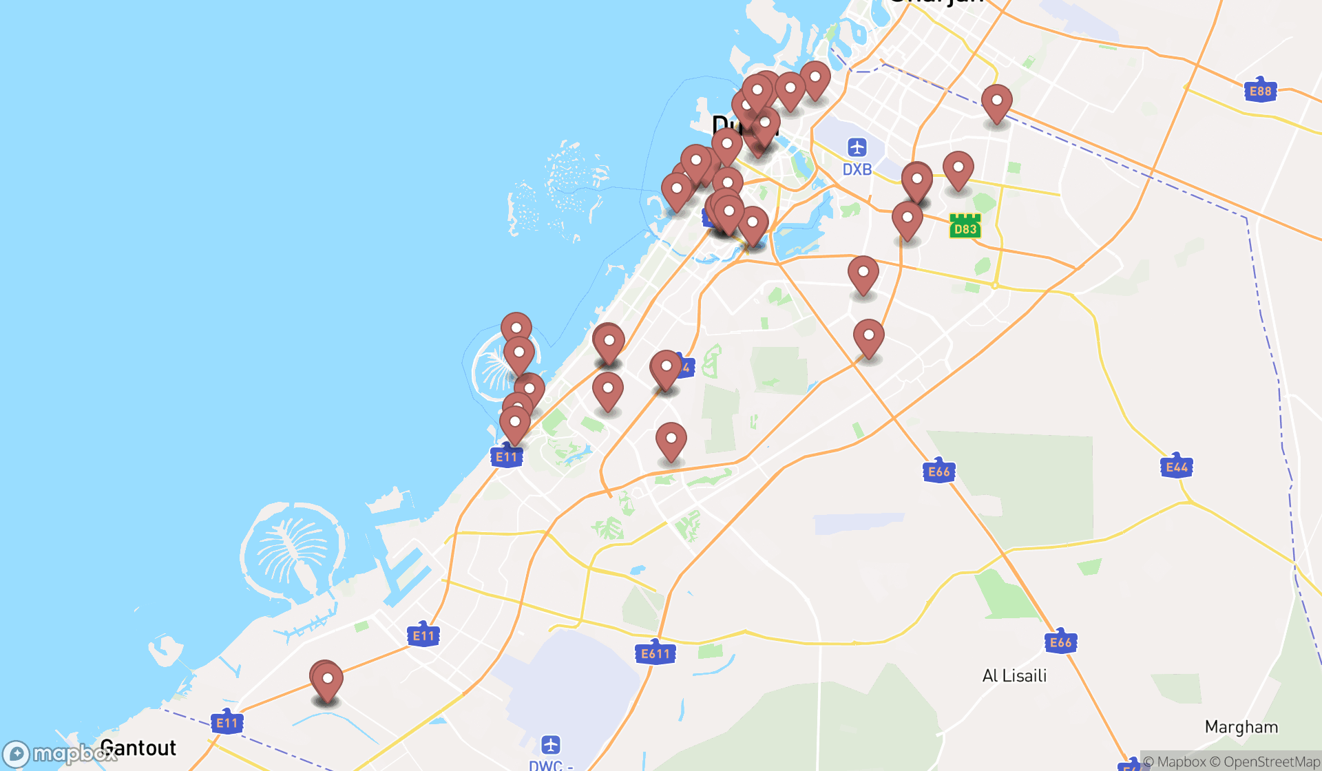 Map showing the search results in Dubai