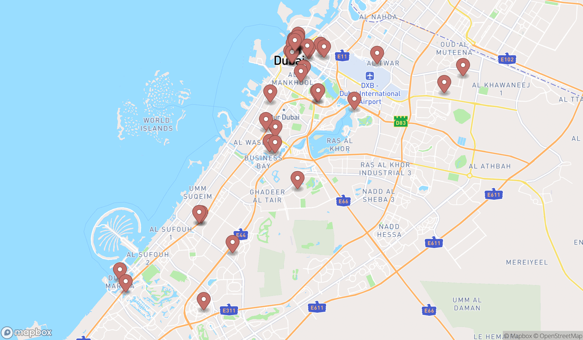 Map showing the search results in Dubai