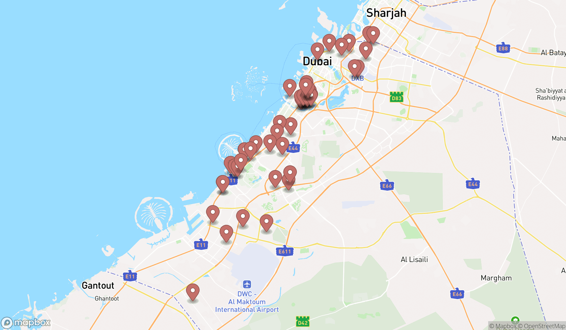 Map showing the search results in Dubai