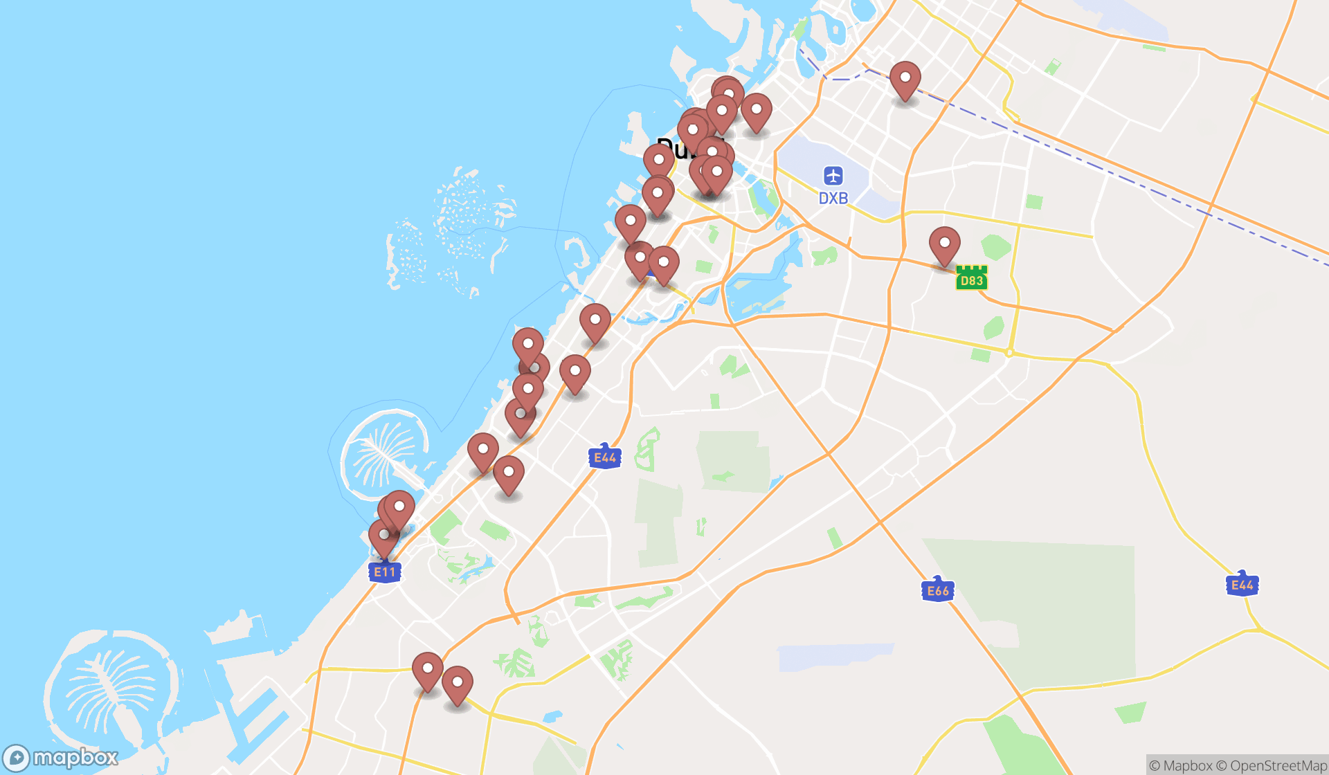 Map showing the search results in Dubai