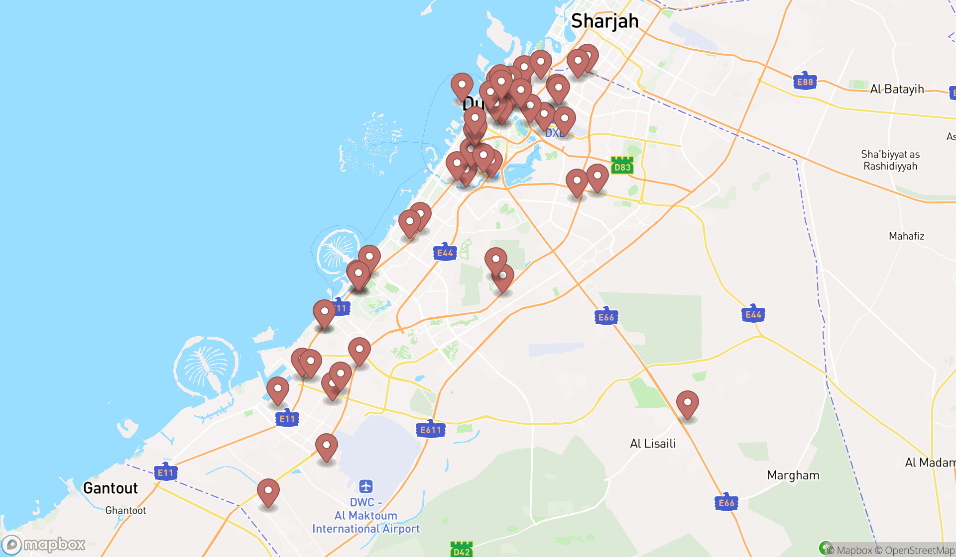 Map showing the search results in Dubai