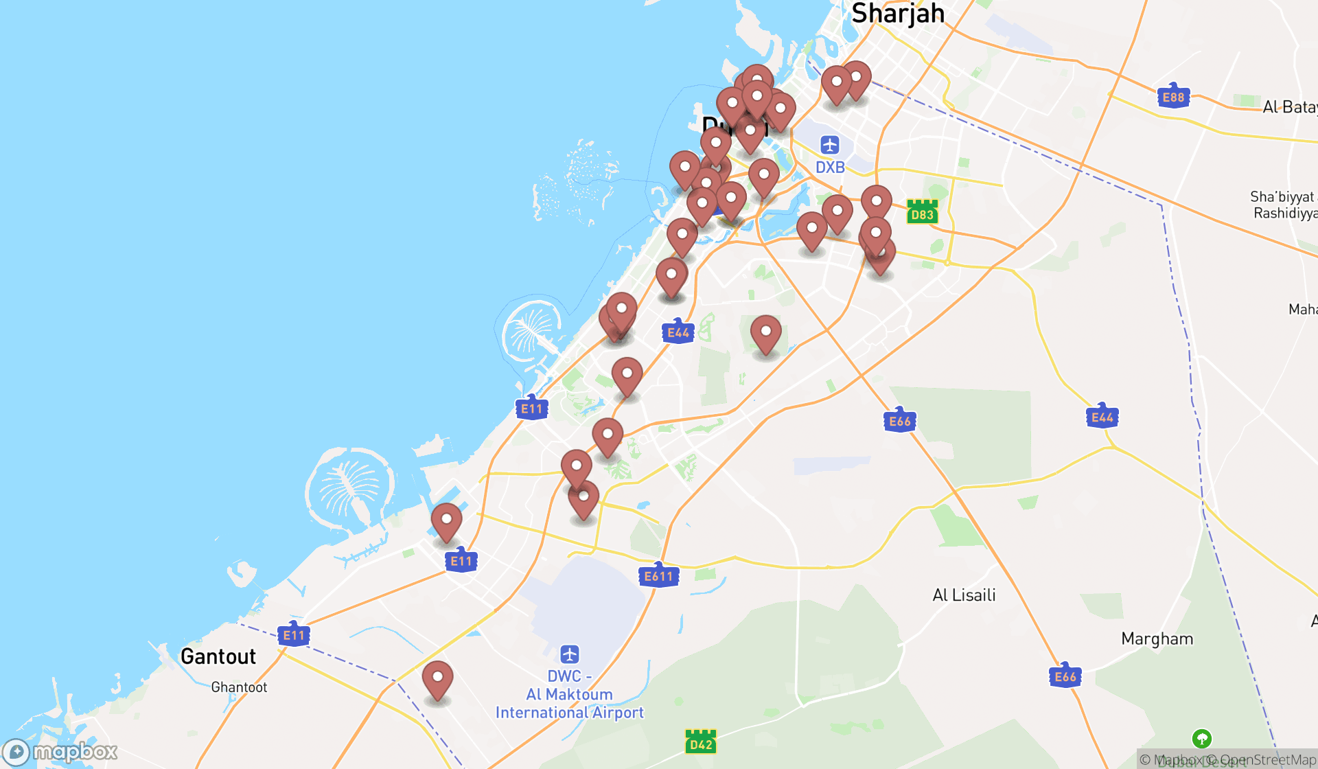 Map showing the search results in Dubai