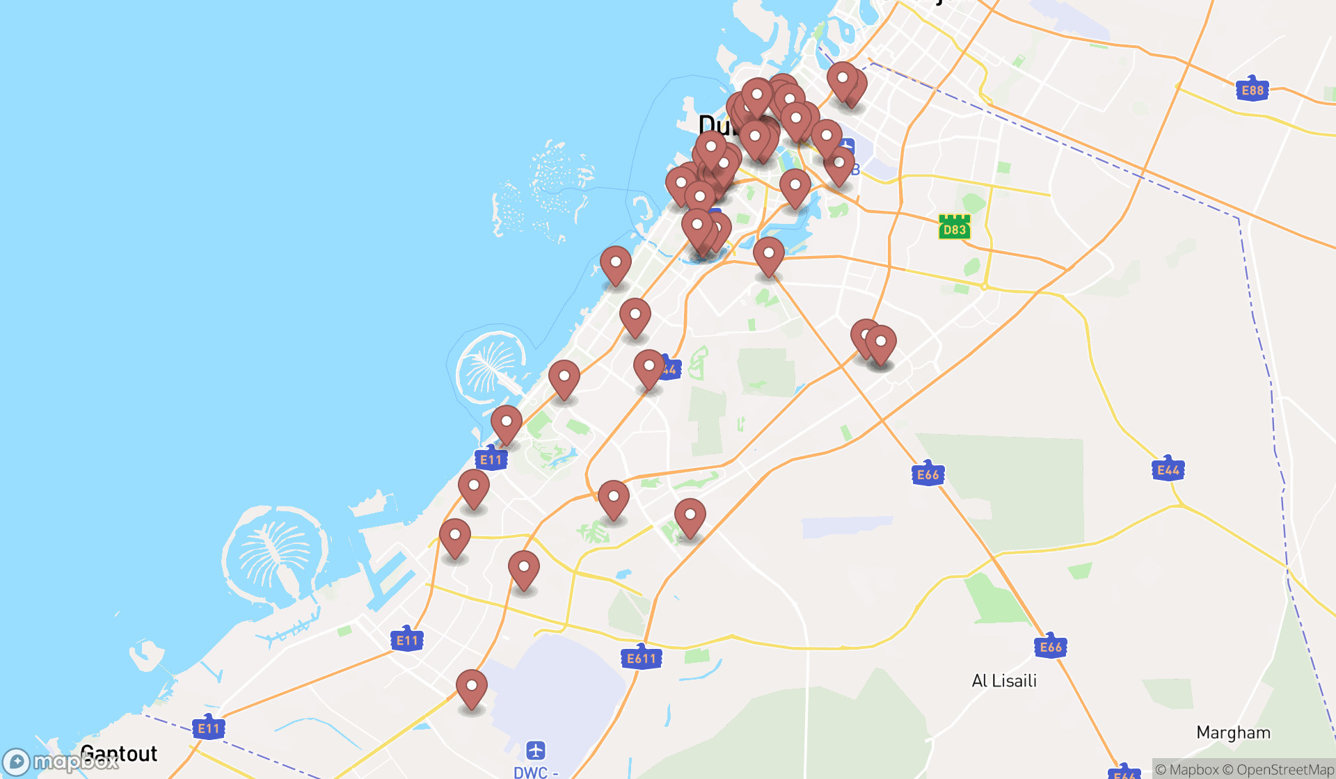 Map showing the search results in Dubai