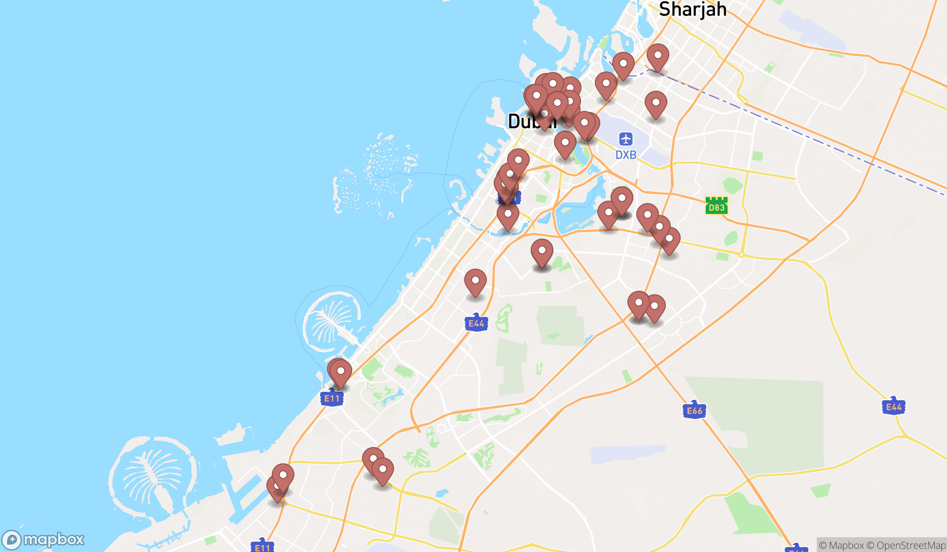 Map showing the search results in Dubai
