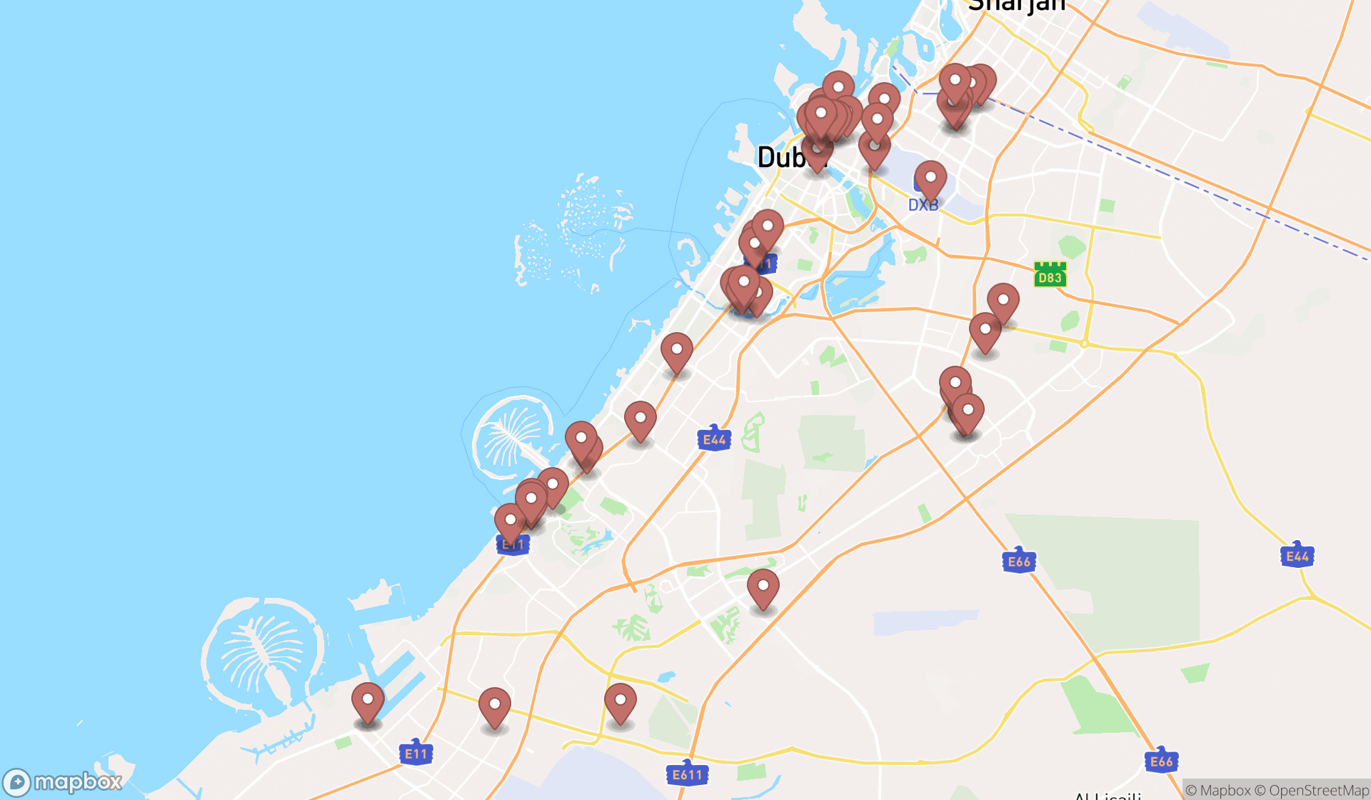 Map showing the search results in Dubai
