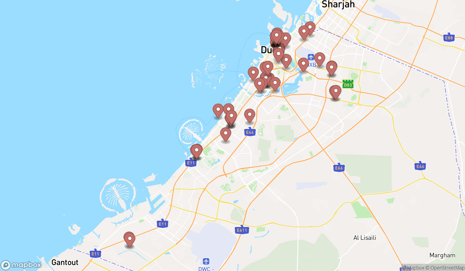Map showing the search results in Dubai