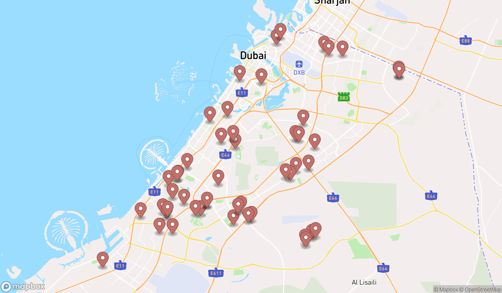 Map showing the search results in Dubai