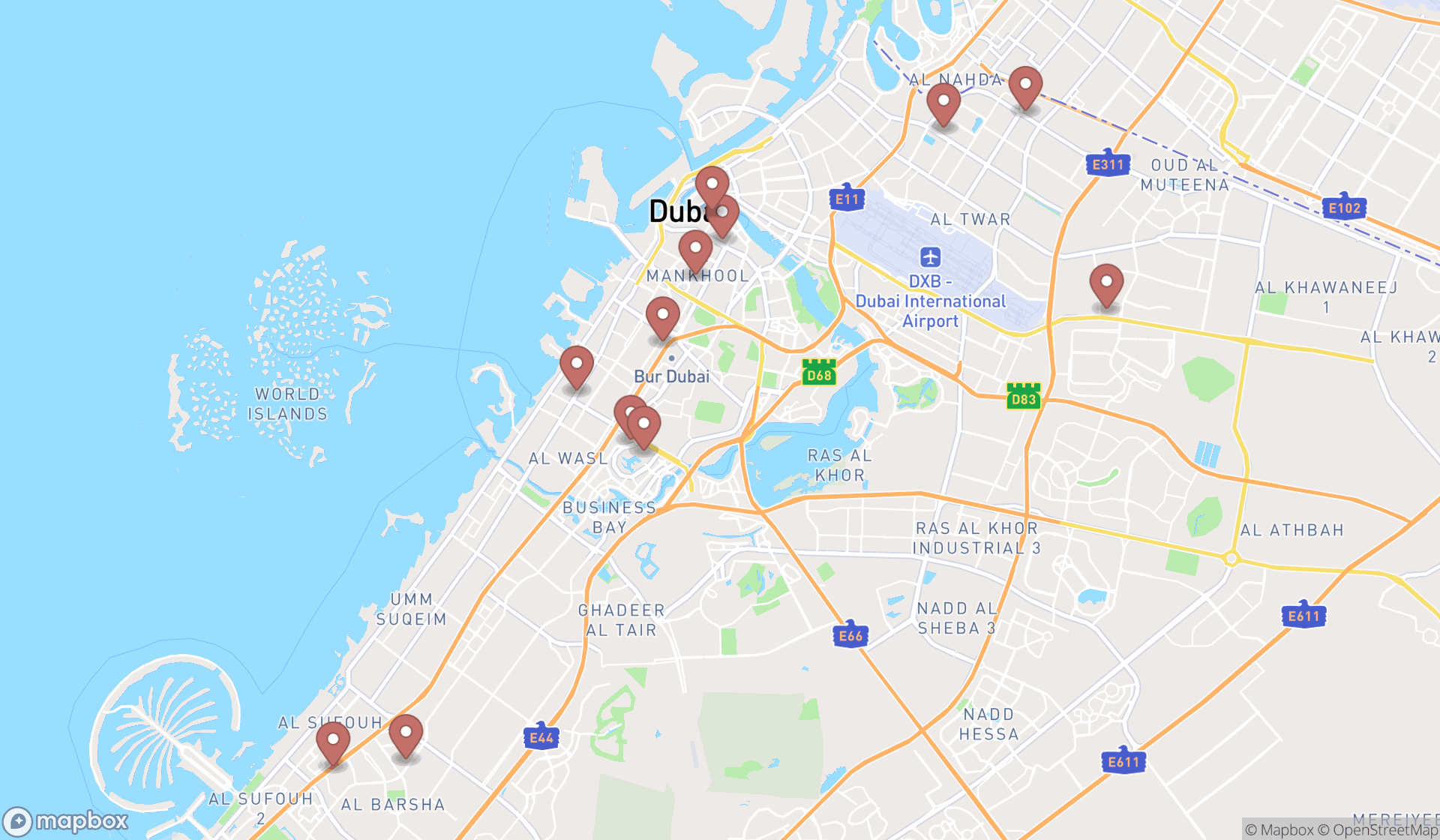 Map showing the search results in Dubai