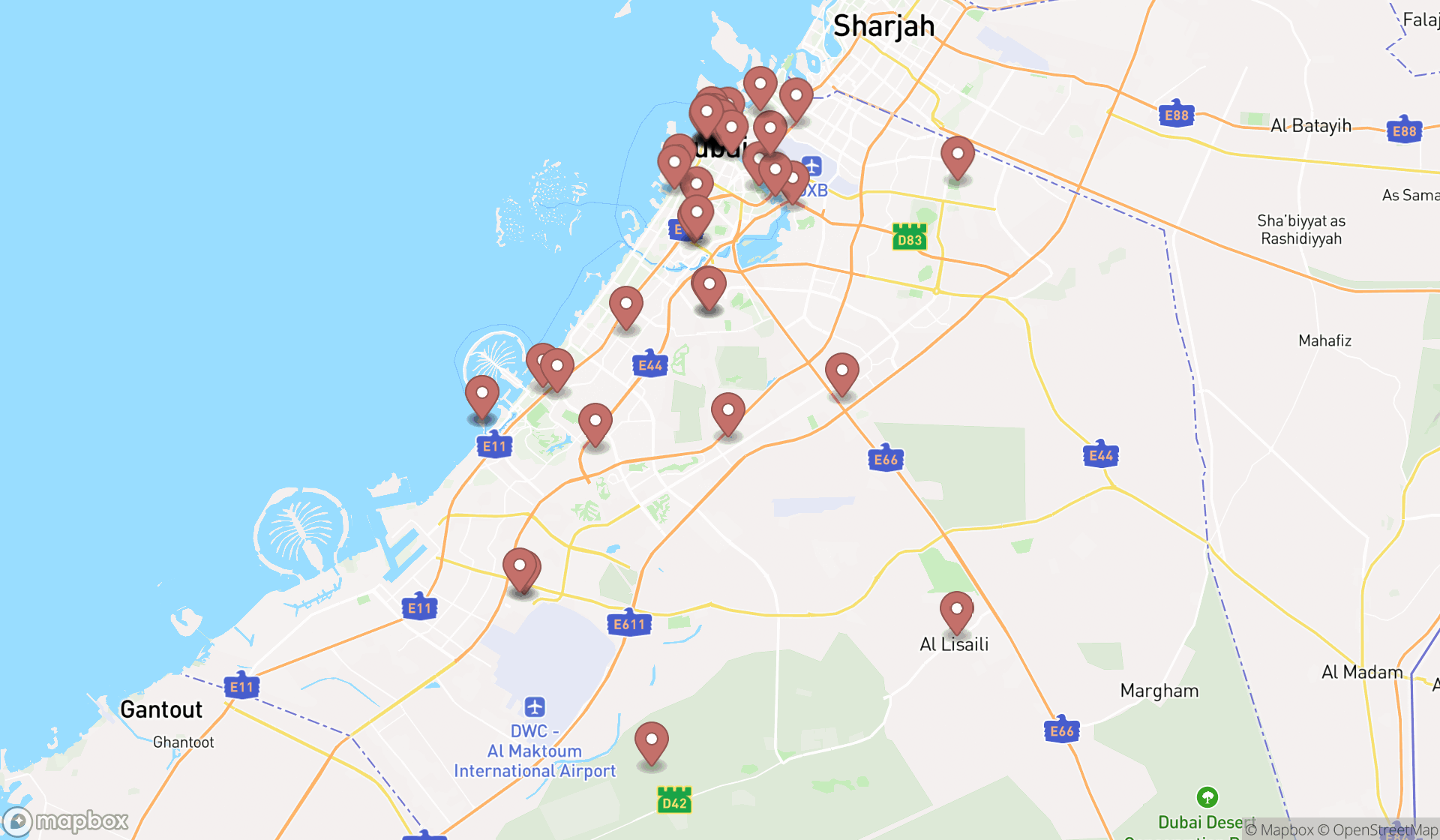 Map showing the search results in Dubai