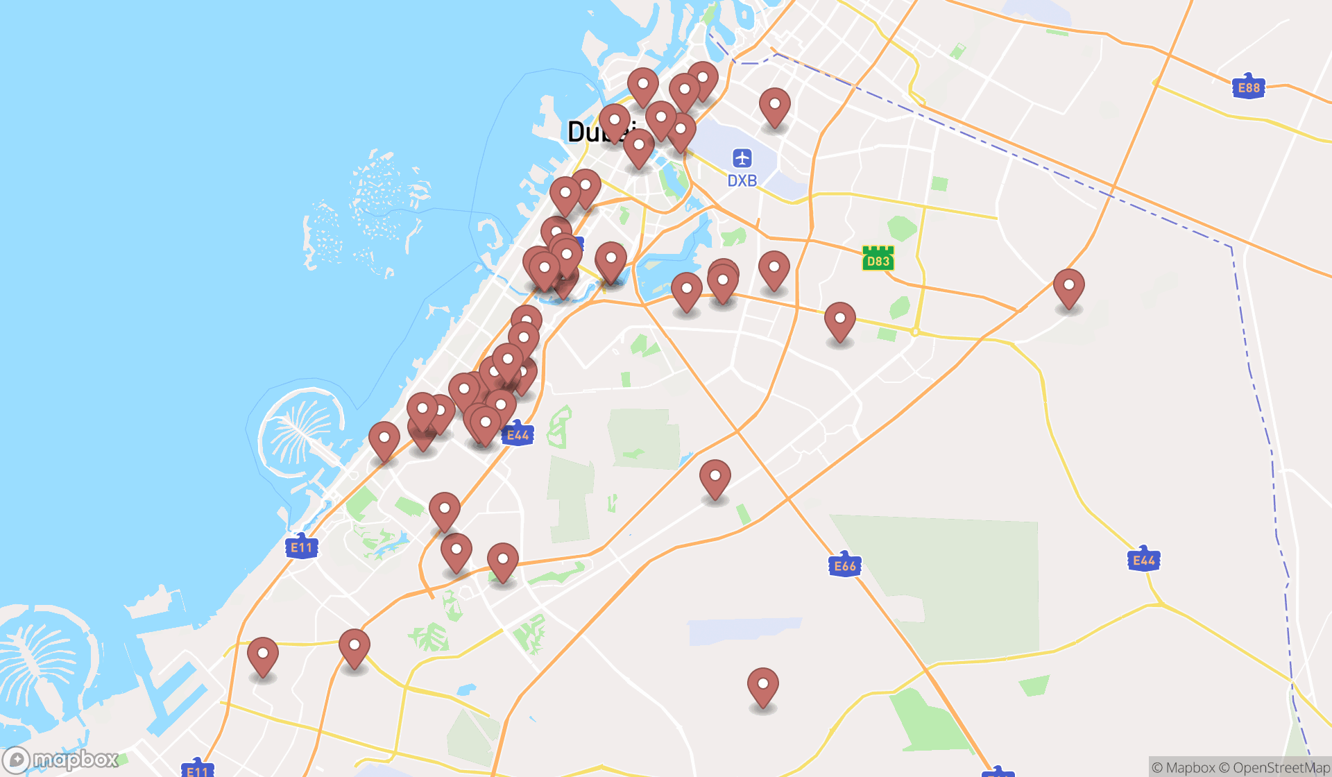 Map showing the search results in Dubai