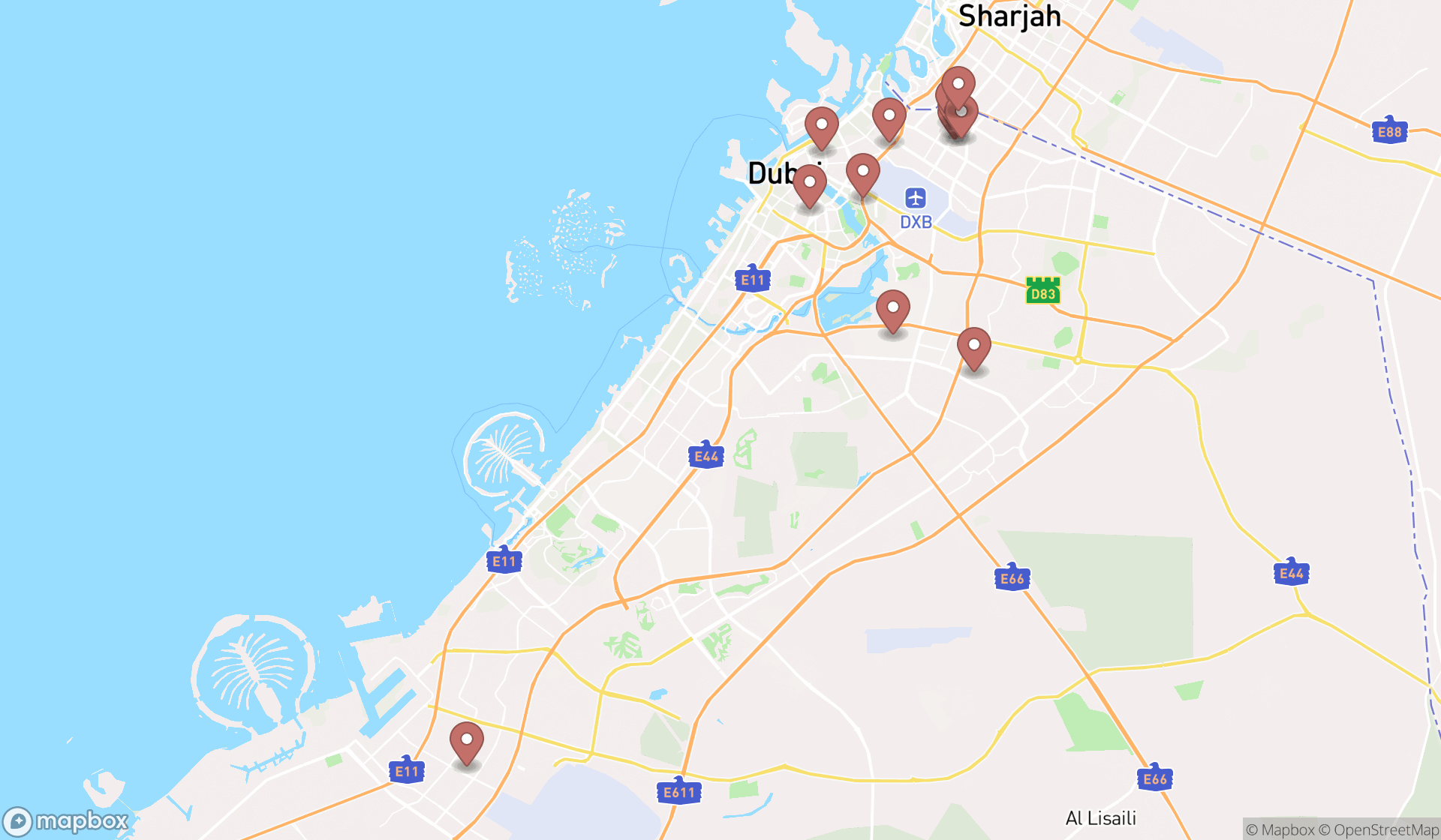 Map showing the search results in Dubai