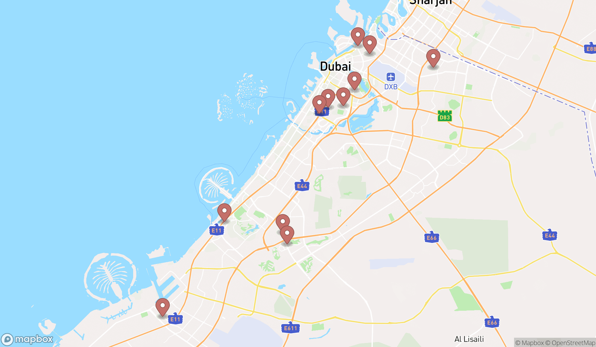 Map showing the search results in Dubai