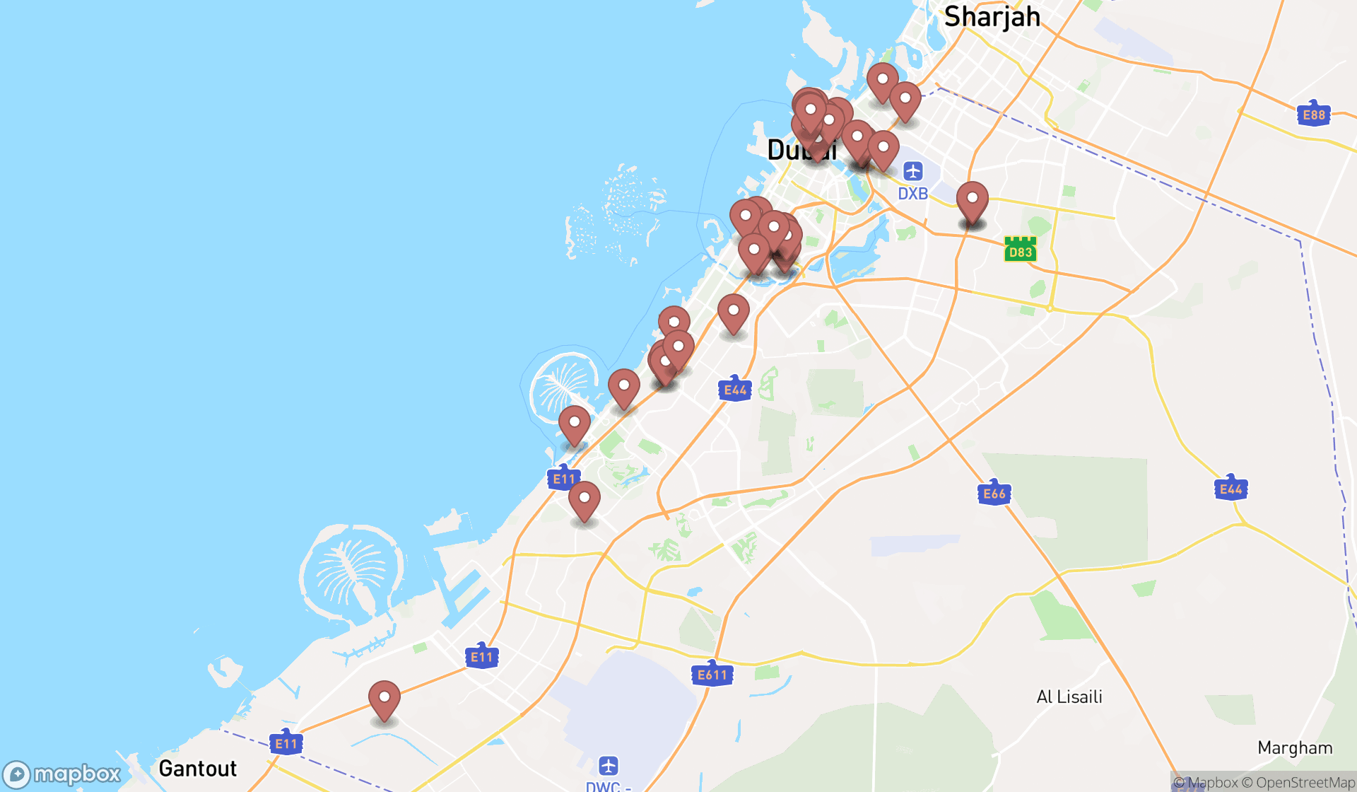 Map showing the search results in Dubai