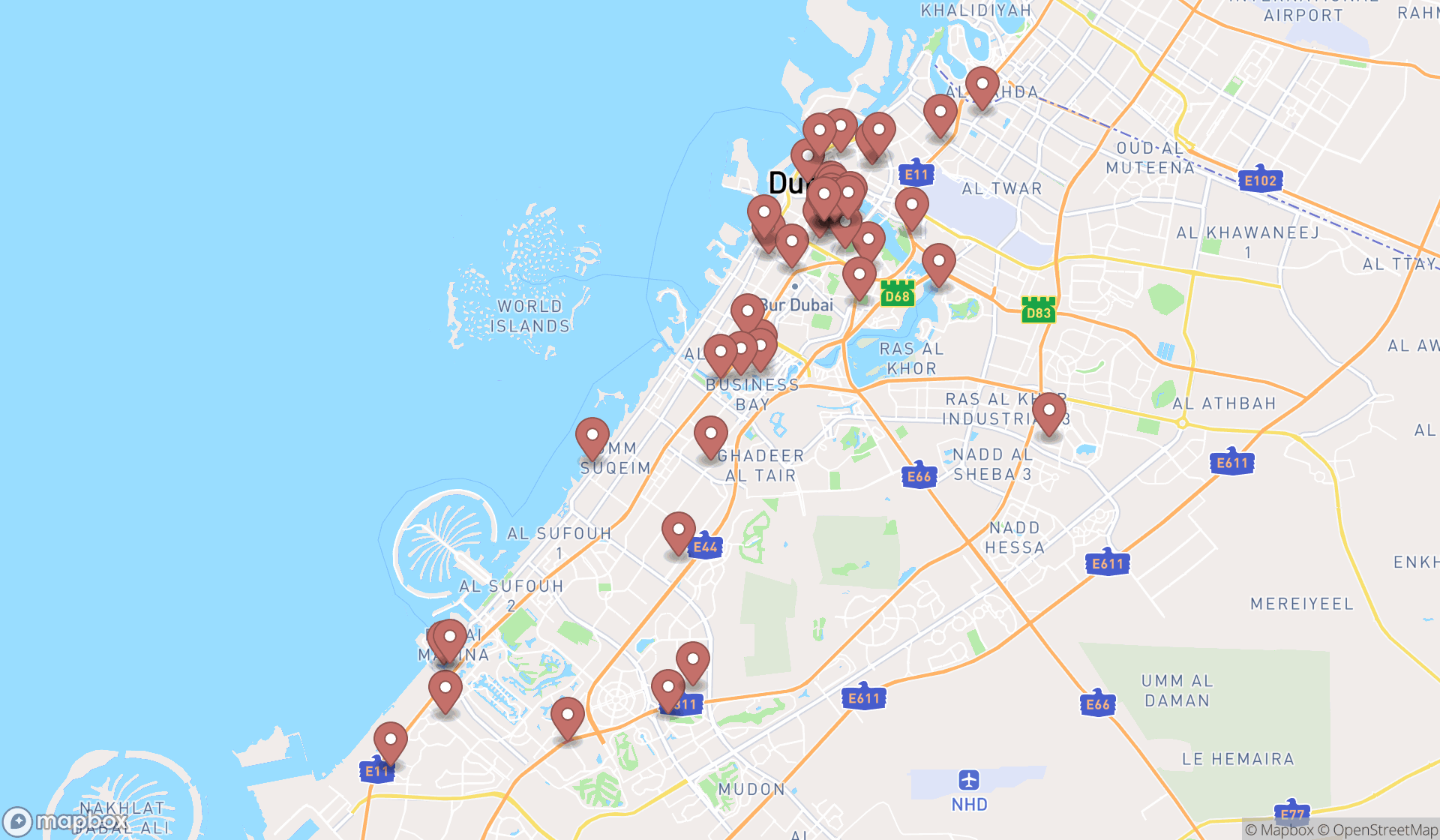 Map showing the search results in Dubai