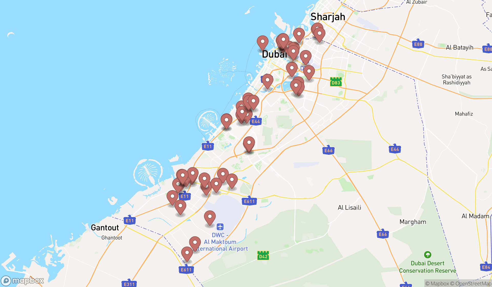 Map showing the search results in Dubai