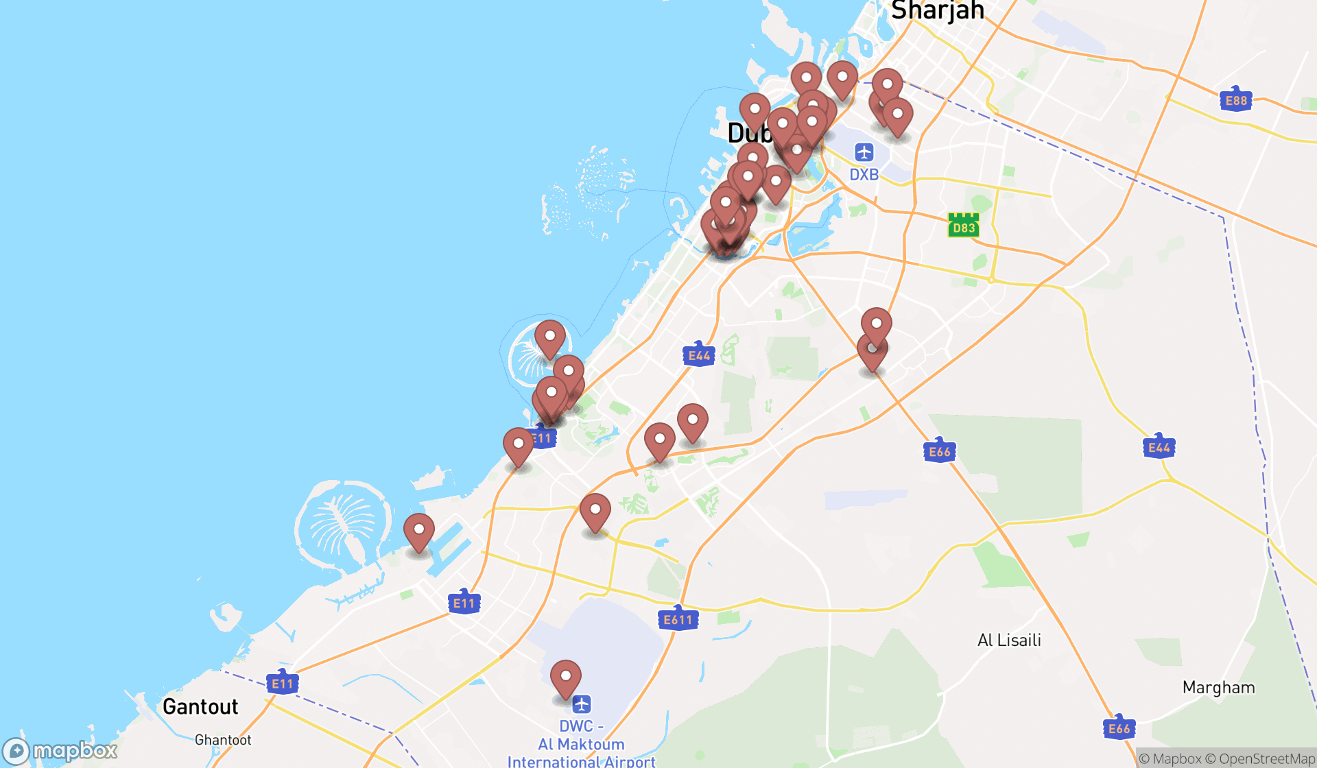 Map showing the search results in Dubai