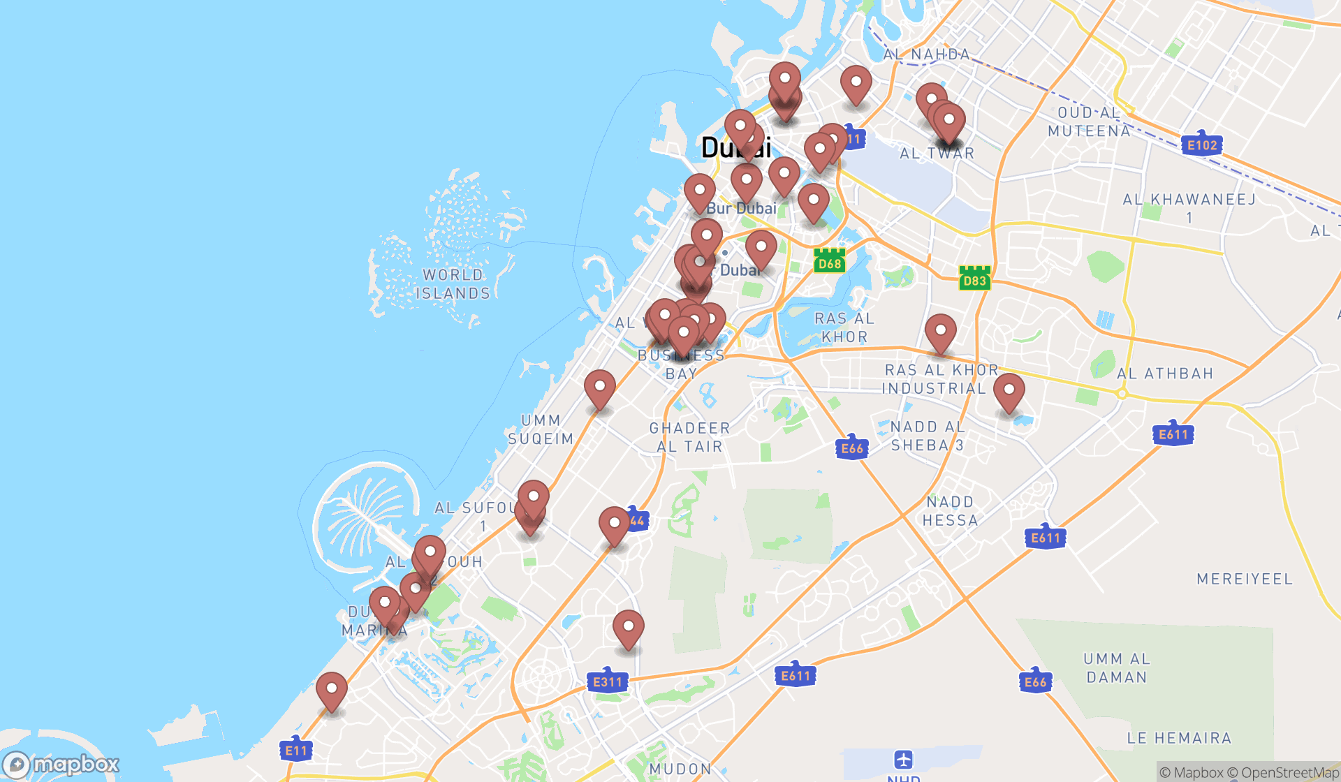 Map showing the search results in Dubai