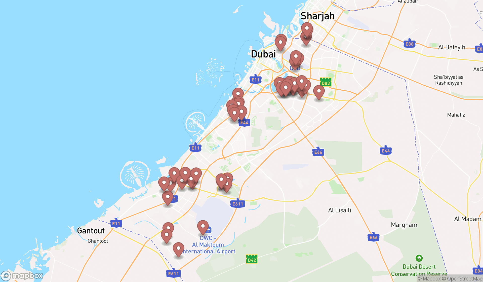 Map showing the search results in Dubai