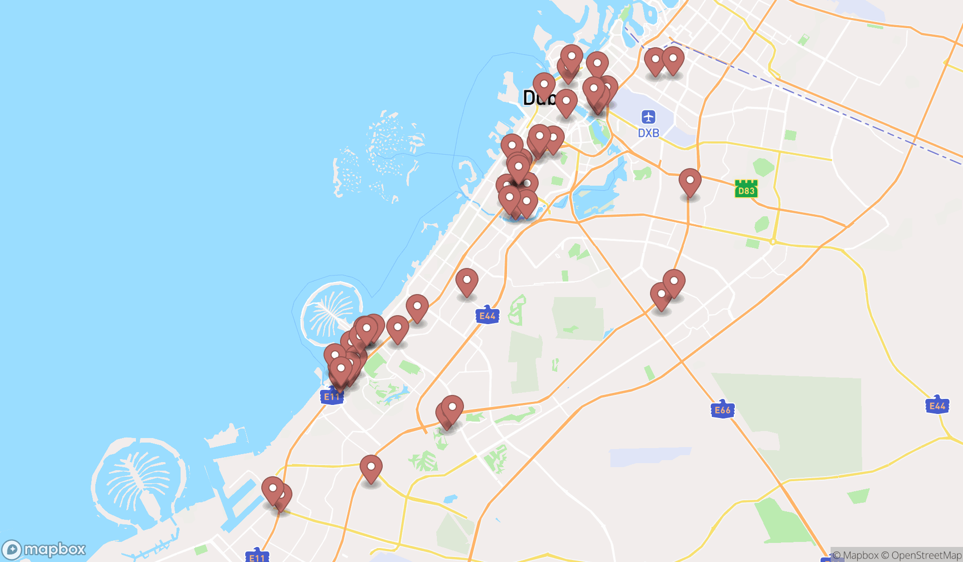Map showing the search results in Dubai