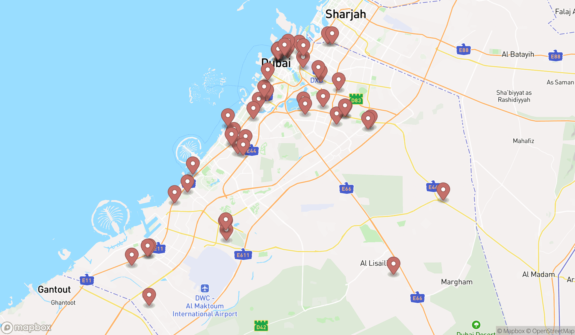 Map showing the search results in Dubai