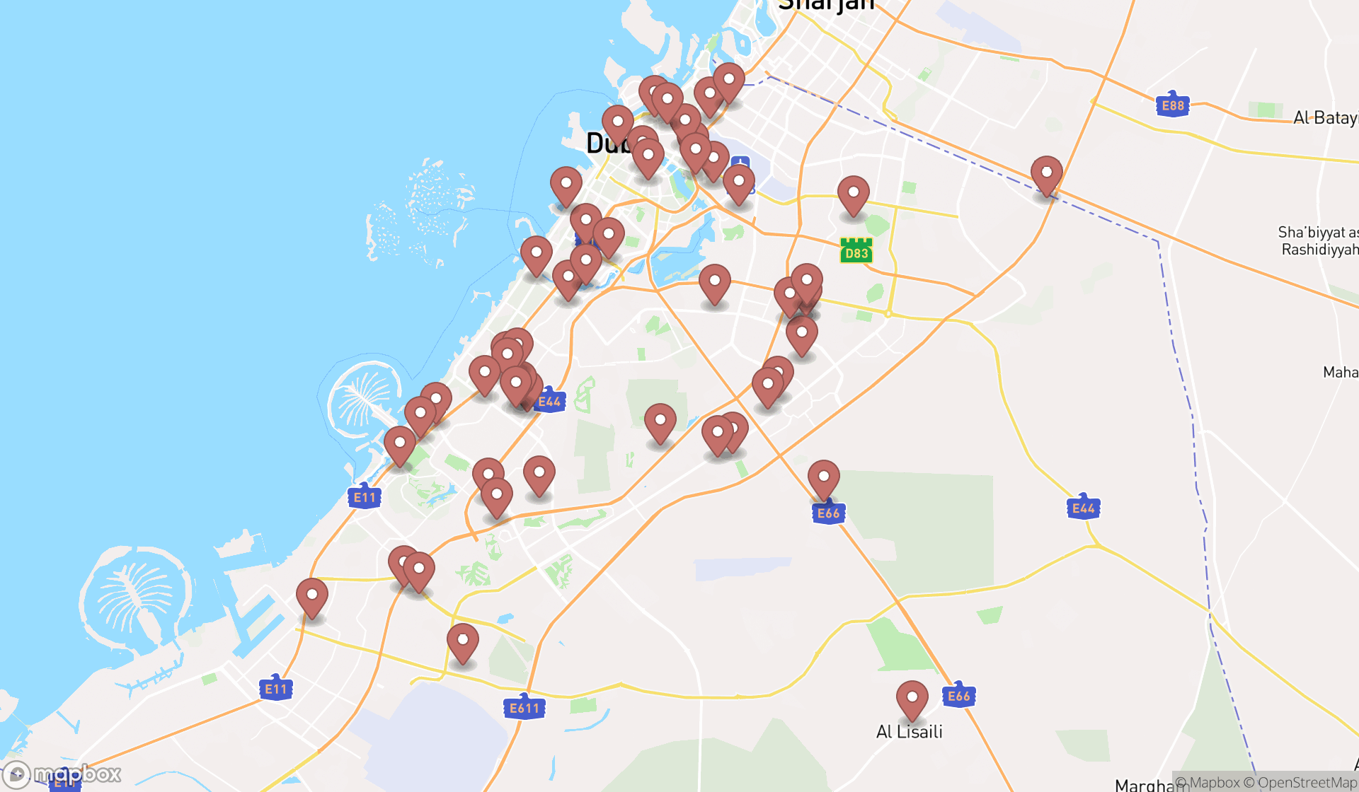 Map showing the search results in Dubai