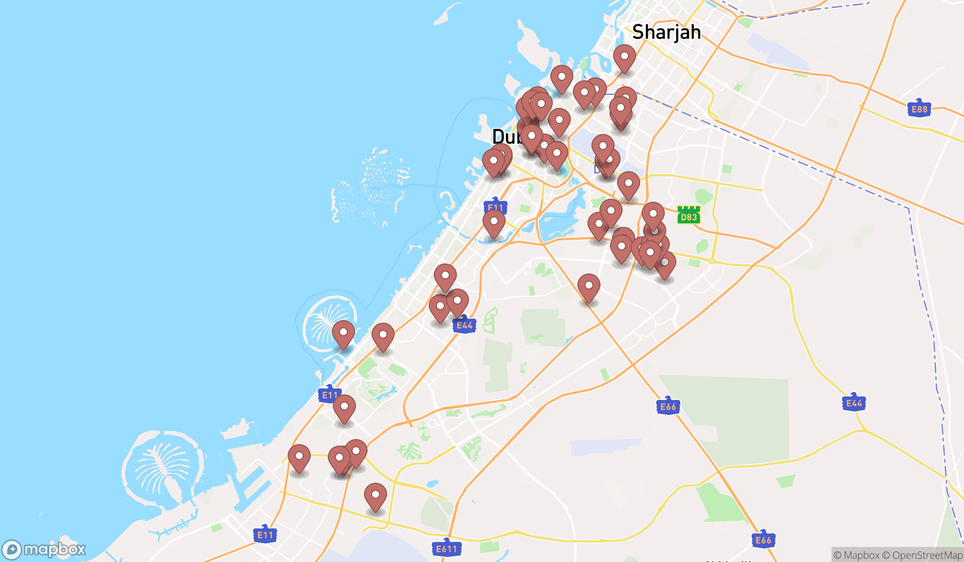 Map showing the search results in Dubai