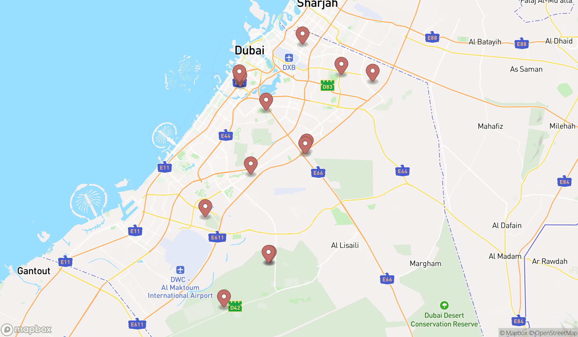Map showing the search results in Dubai