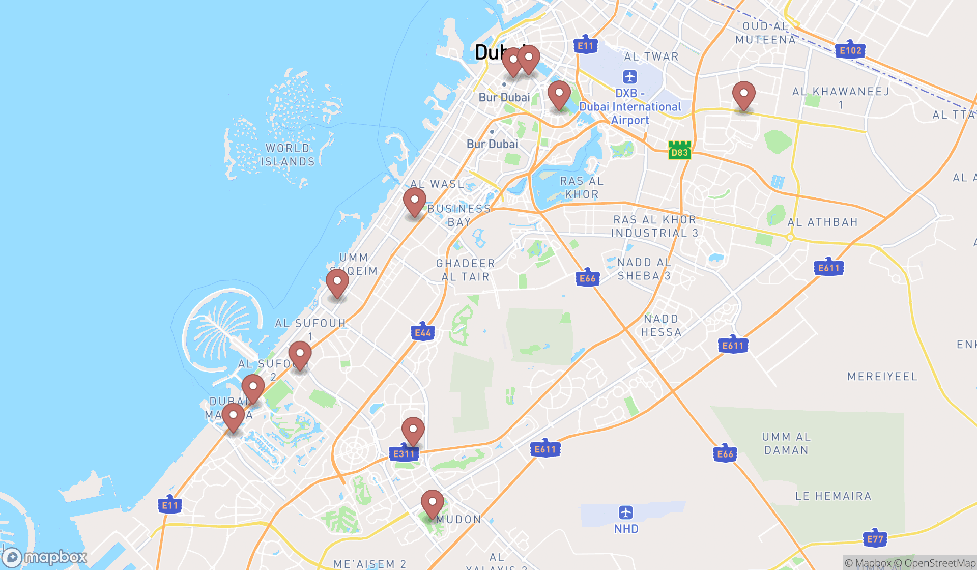 Map showing the search results in Dubai