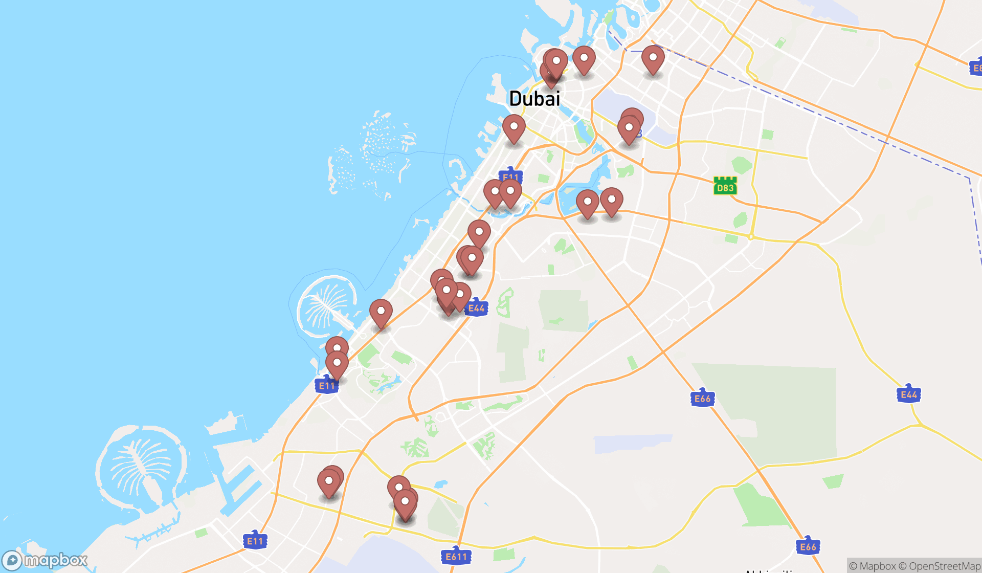 Map showing the search results in Dubai