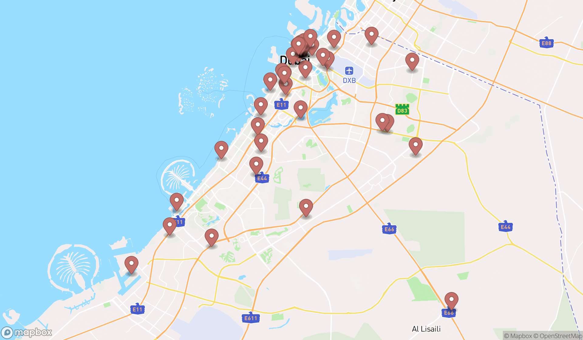 Map showing the search results in Dubai