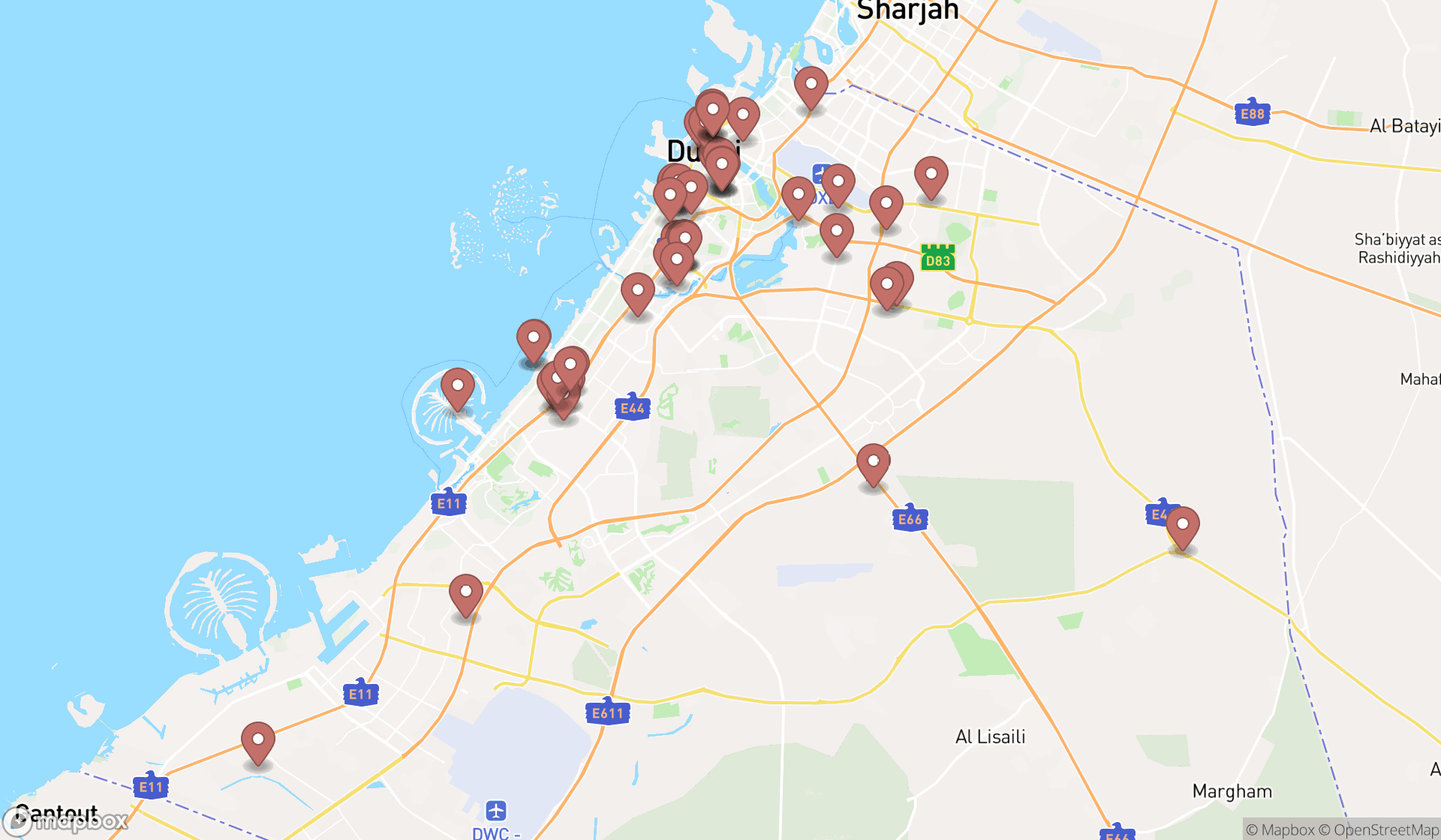 Map showing the search results in Dubai