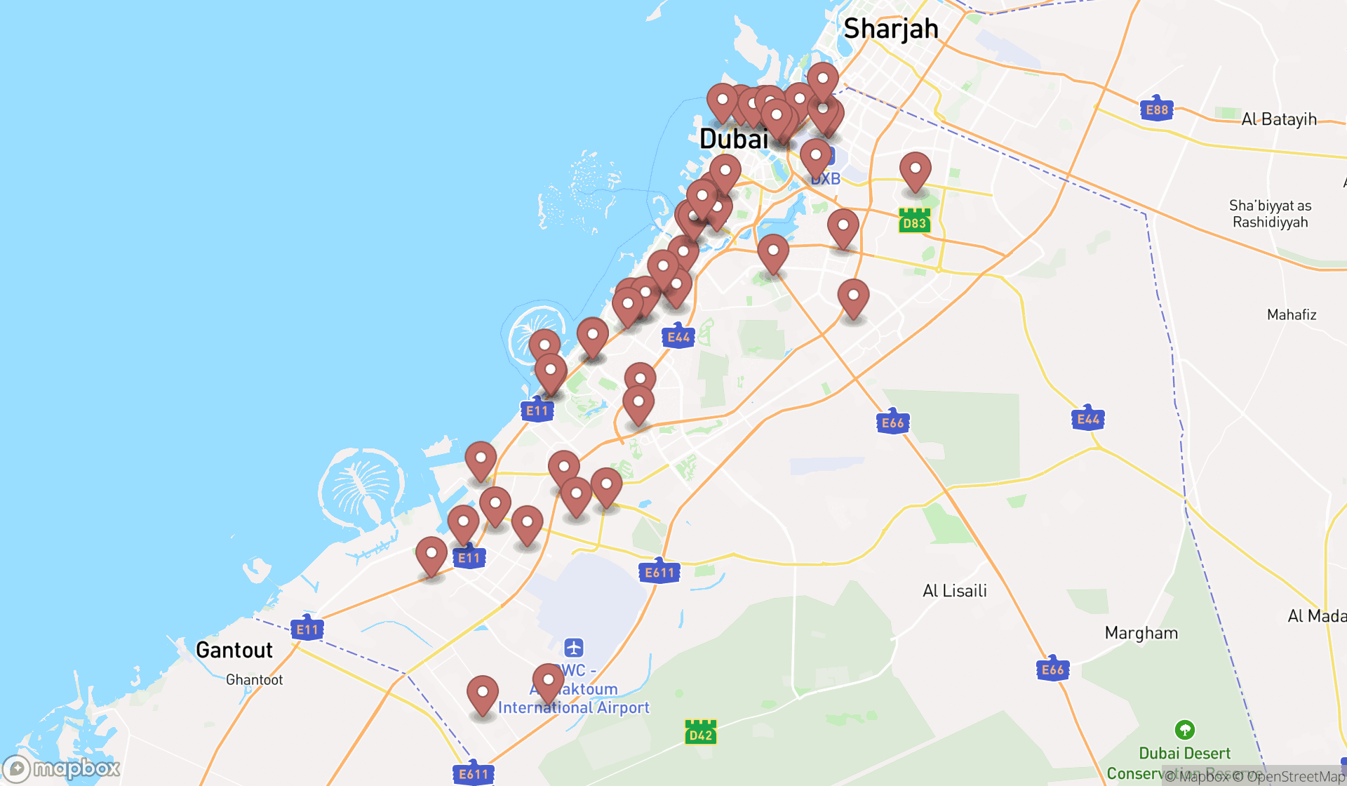 Map showing the search results in Dubai