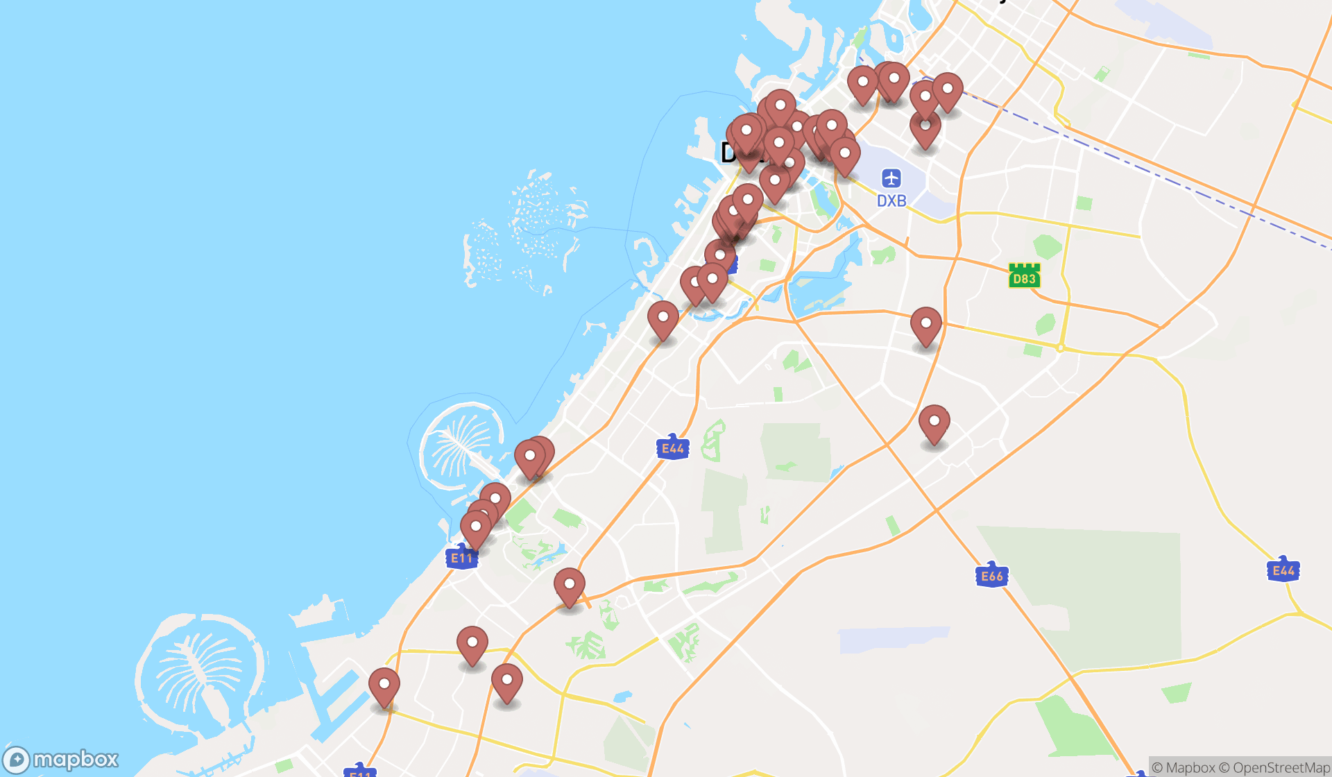 Map showing the search results in Dubai
