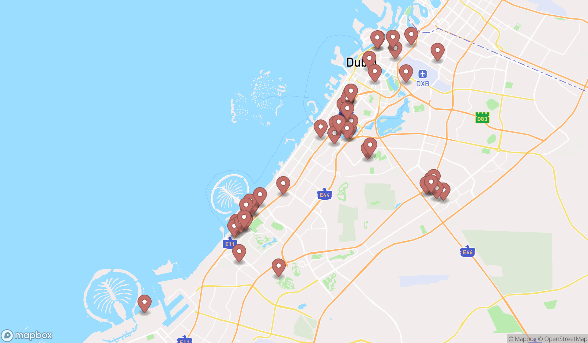 Map showing the search results in Dubai